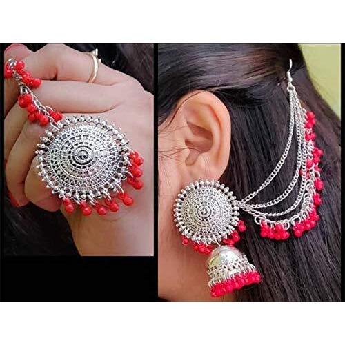 Shining Diva Fashion Latest Oxidised Silver Antique Design Stylish Traditional Maang Tikka Jhumka Earrings Jewellery Set for Girls (Red) (12005s)