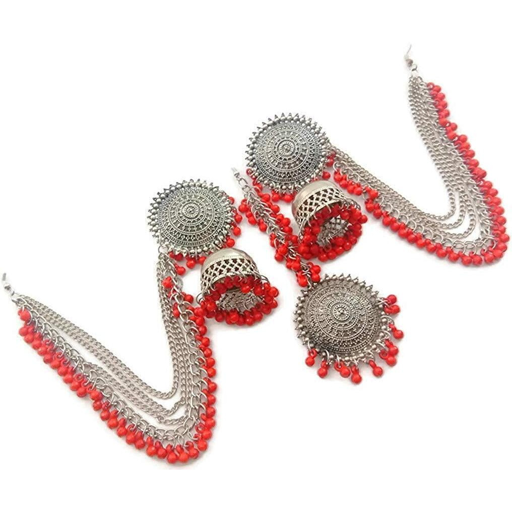 Shining Diva Fashion Latest Oxidised Silver Antique Design Stylish Traditional Maang Tikka Jhumka Earrings Jewellery Set for Girls (Red) (12005s)
