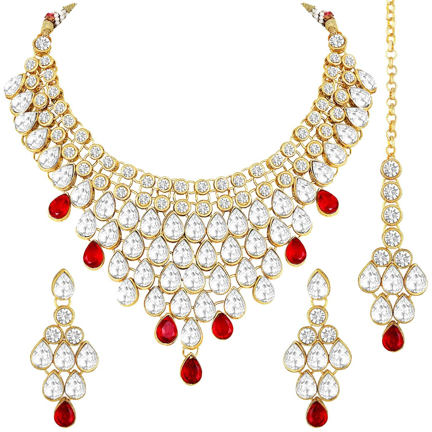 Peora Womens Ethnic Indian Traditional Kundan Dulhan Bridal Jewellery Set with Earring Maang Tikka (Red)