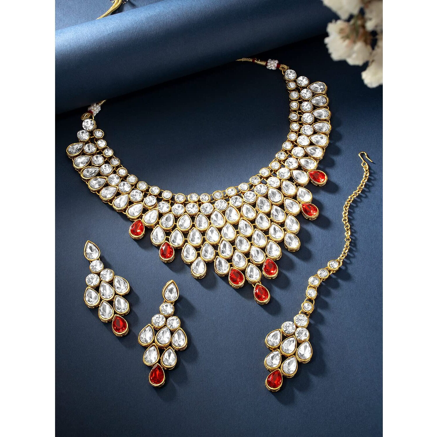 Peora Womens Ethnic Indian Traditional Kundan Dulhan Bridal Jewellery Set with Earring Maang Tikka (Red)