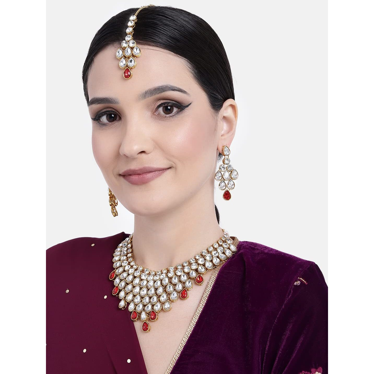 Peora Womens Ethnic Indian Traditional Kundan Dulhan Bridal Jewellery Set with Earring Maang Tikka (Red)