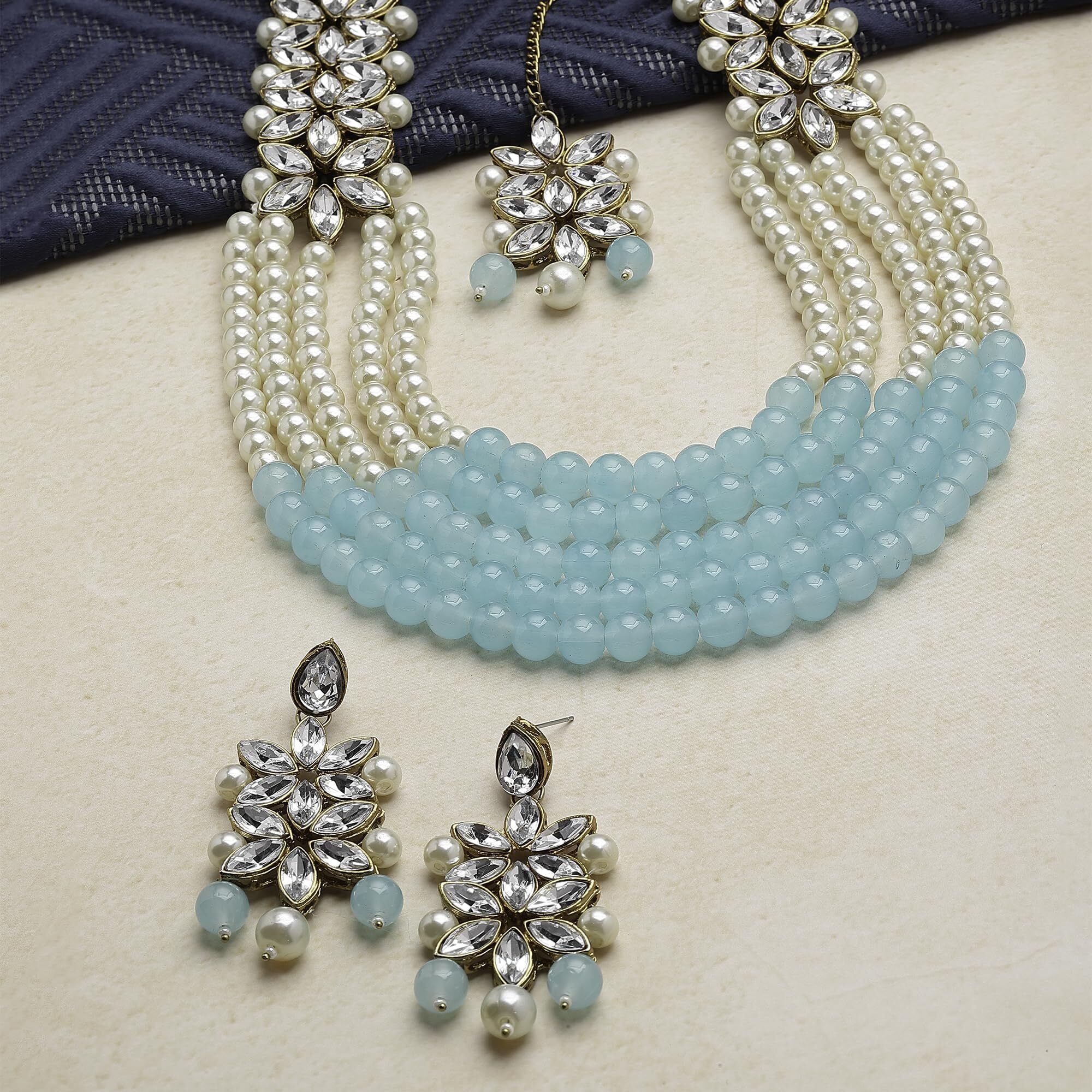 ZENEME Jewellery Sets for Women Gold Plated Bridal Long Necklace Set Neck Choker with Earrings and Maang Tikka for Women & Girls (Blue & White)