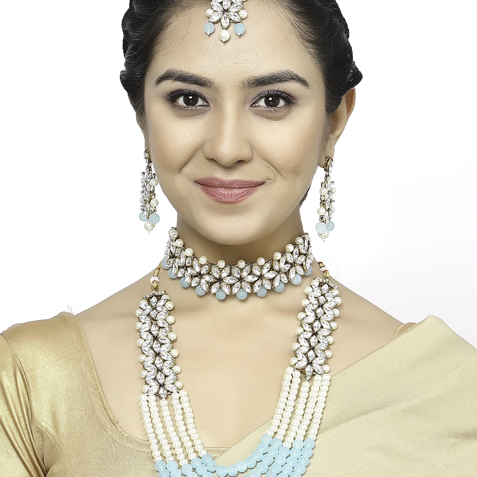 ZENEME Jewellery Sets for Women Gold Plated Bridal Long Necklace Set Neck Choker with Earrings and Maang Tikka for Women & Girls (Blue & White)