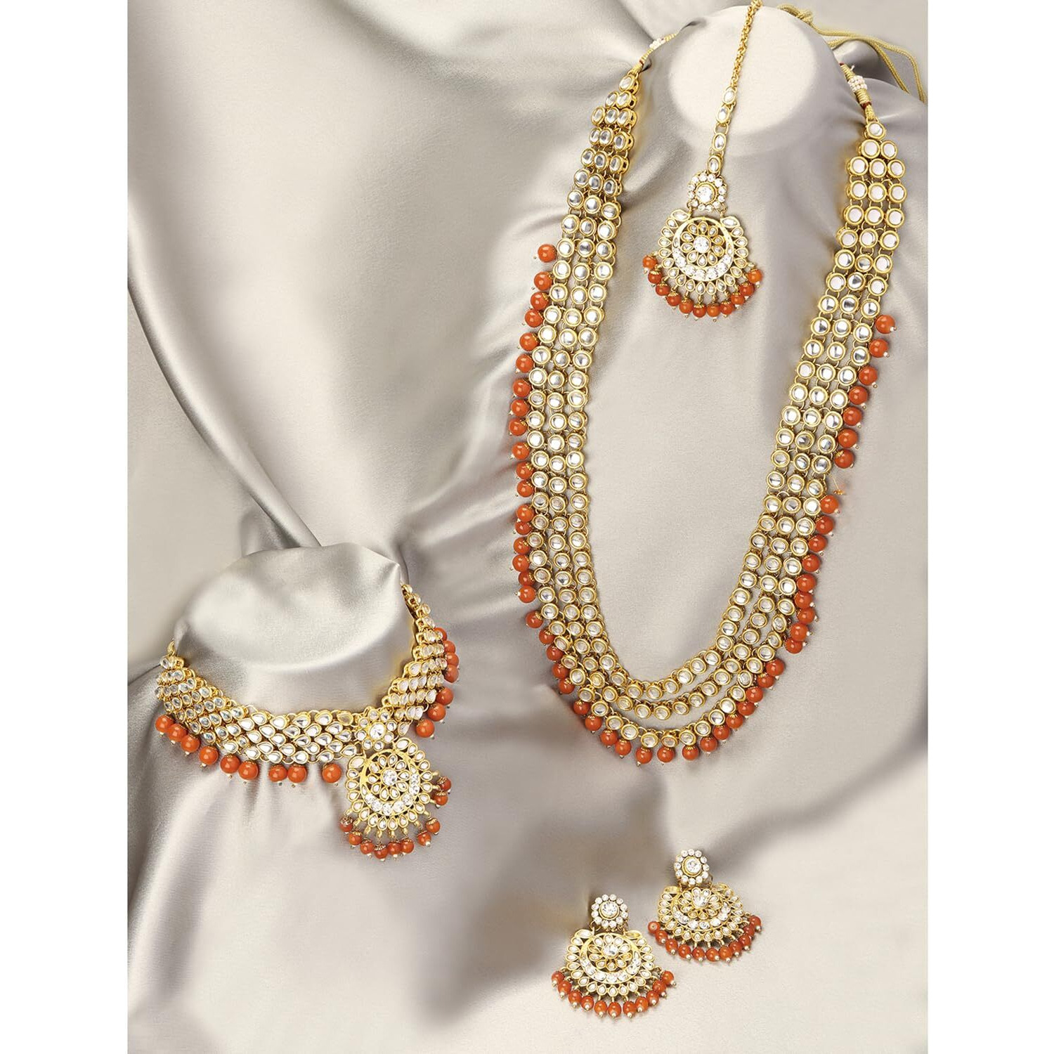 Peora 18K Gold Plated Kundan Faux Bead Bridal Necklace Jewellery Set for Women Girls