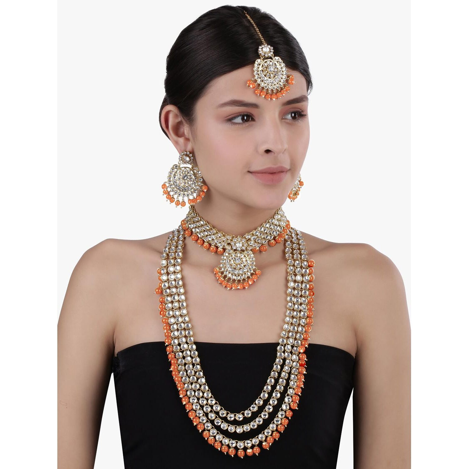 Peora 18K Gold Plated Kundan Faux Bead Bridal Necklace Jewellery Set for Women Girls