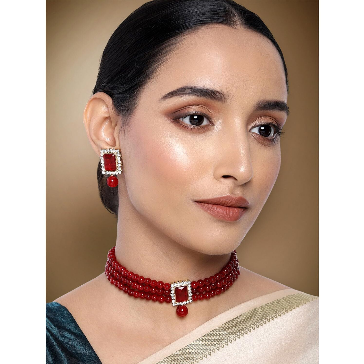 Peora Gold Plated Indian Traditional Crystal Pearl Beaded Choker Necklace Jewellery Set for Women