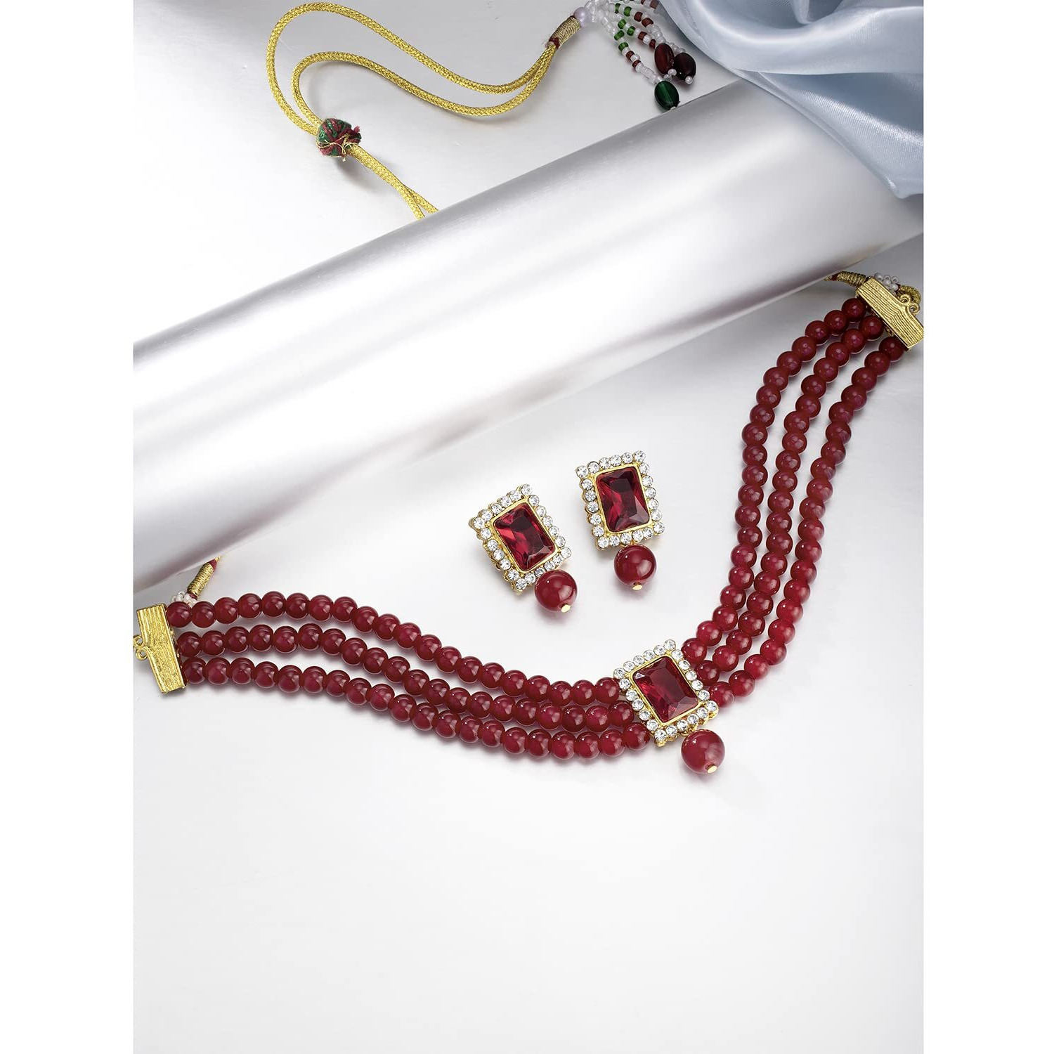 Peora Gold Plated Indian Traditional Crystal Pearl Beaded Choker Necklace Jewellery Set for Women