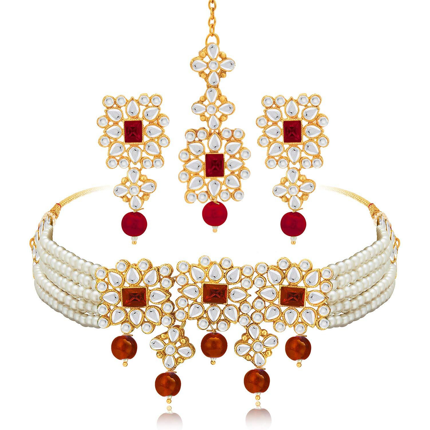 Peora Gold Plated Pearl Beaded Adjustable Choker Necklace with Earring Maang Tikka Jewellery Set For Women