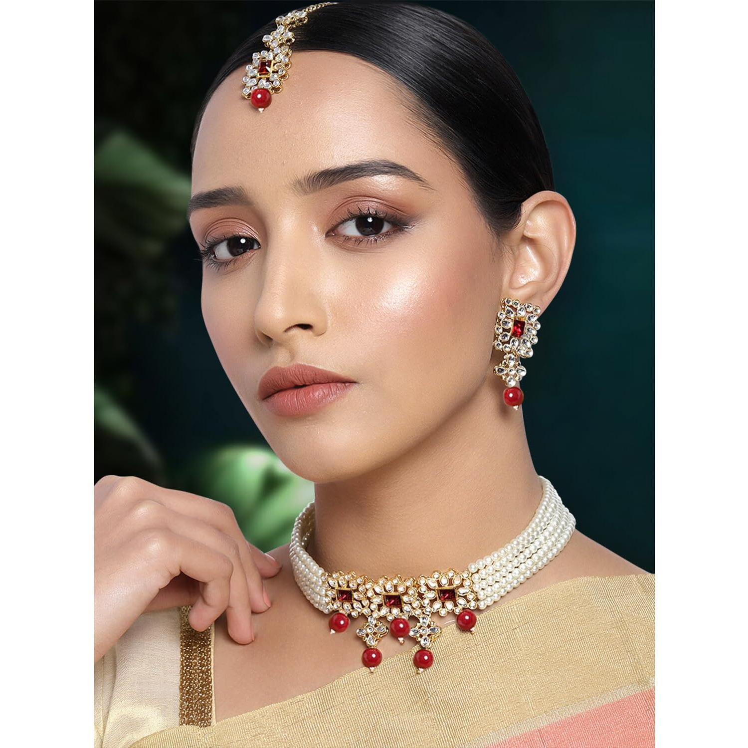 Peora Gold Plated Pearl Beaded Adjustable Choker Necklace with Earring Maang Tikka Jewellery Set For Women