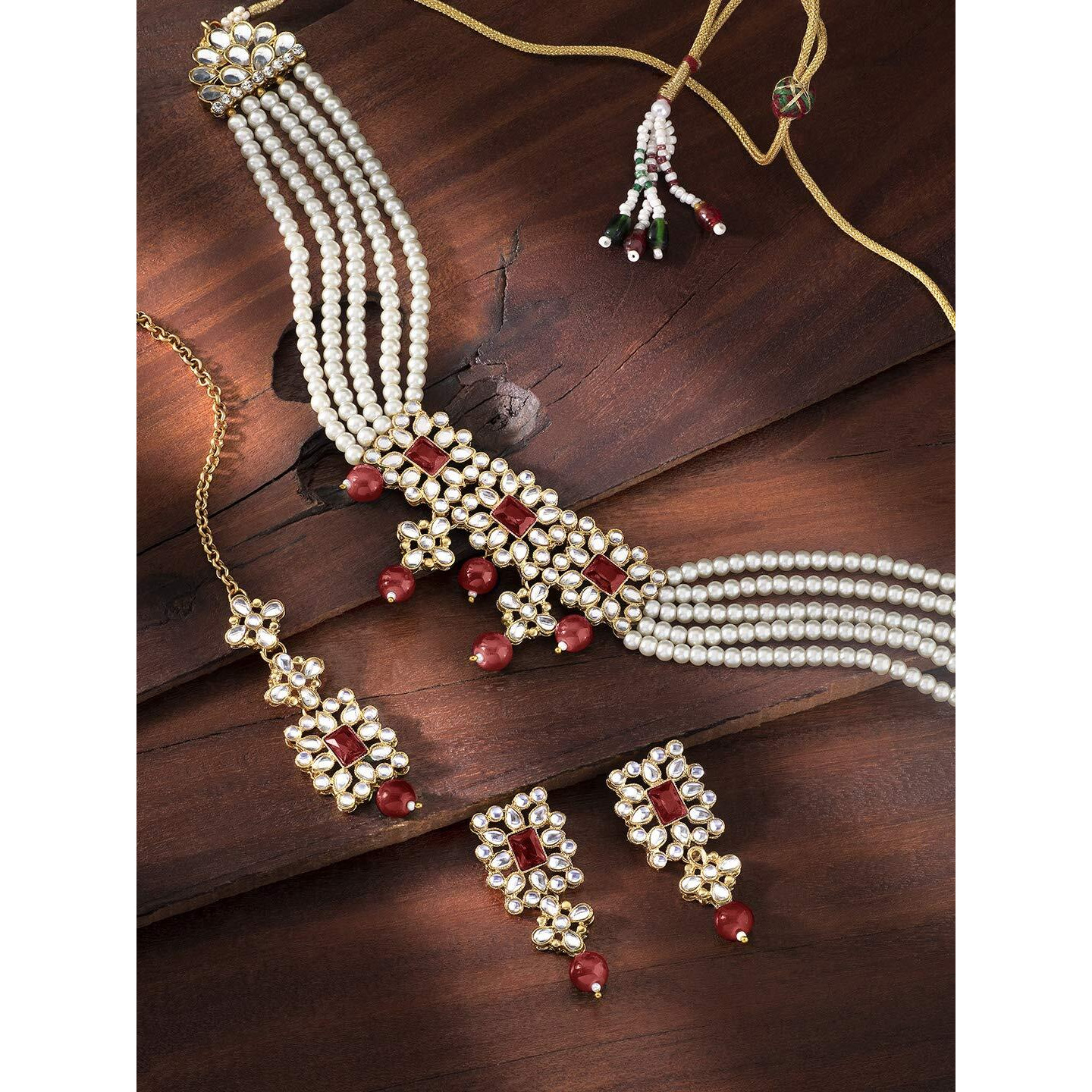 Peora Gold Plated Pearl Beaded Adjustable Choker Necklace with Earring Maang Tikka Jewellery Set For Women
