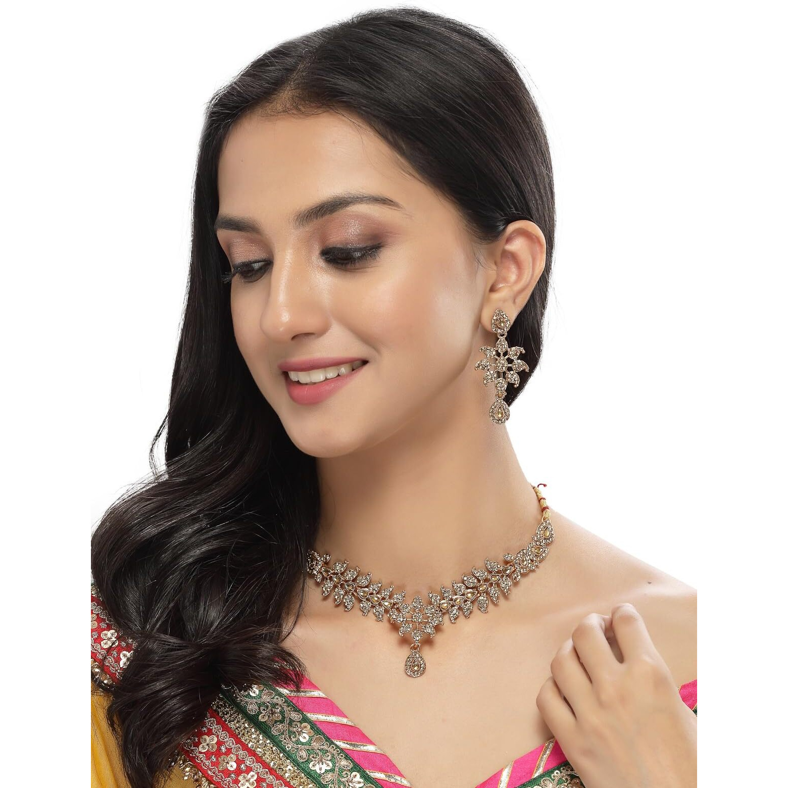 Sukkhi Smashing Gold Plated AD Stone Collar Bone Necklace Set And Earring | Jewellery Set For Women (NS105662)