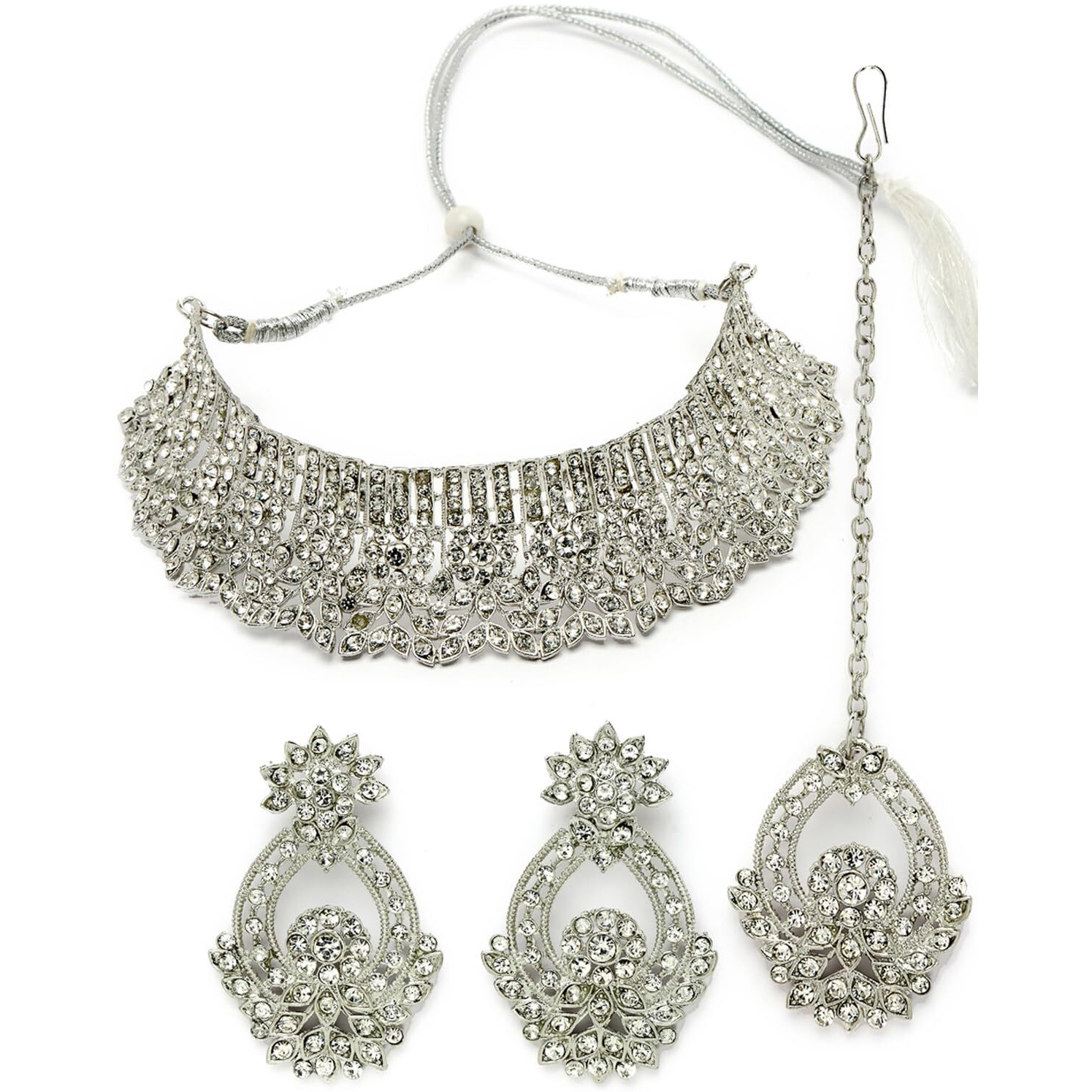 Sukkhi Unique Fashionable Rhodium Plated Silver AD Stone Choker Necklace Set With Earring And Maangtika | Jewellery Set For Women (NS105606)