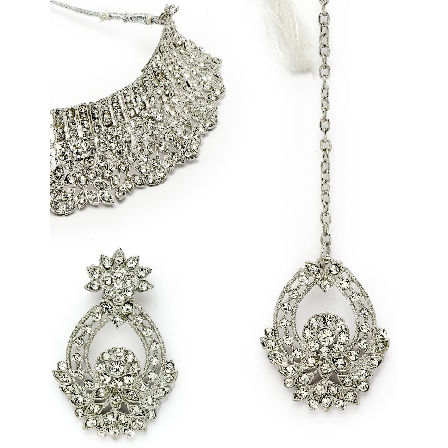 Sukkhi Unique Fashionable Rhodium Plated Silver AD Stone Choker Necklace Set With Earring And Maangtika | Jewellery Set For Women (NS105606)