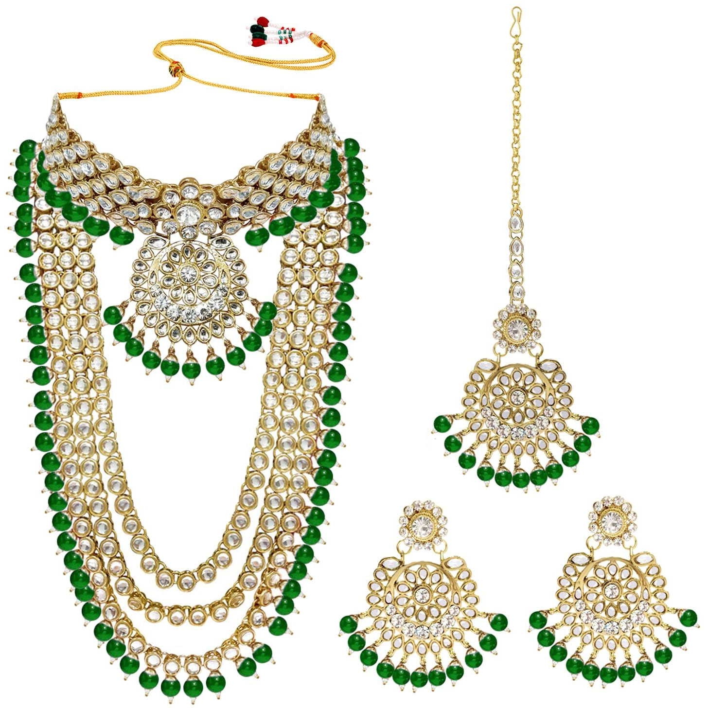 Peora Gold Plated Green Kundan Faux Bead Bridal Long Necklace Choker Earrings Maangtikka Jewellery Set for Women Girls
