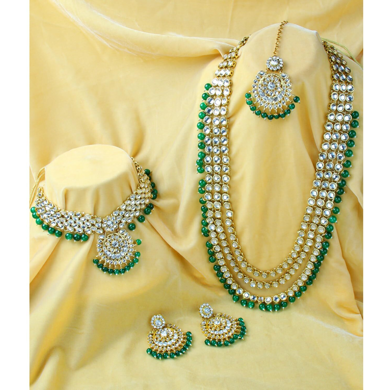 Peora Gold Plated Green Kundan Faux Bead Bridal Long Necklace Choker Earrings Maangtikka Jewellery Set for Women Girls