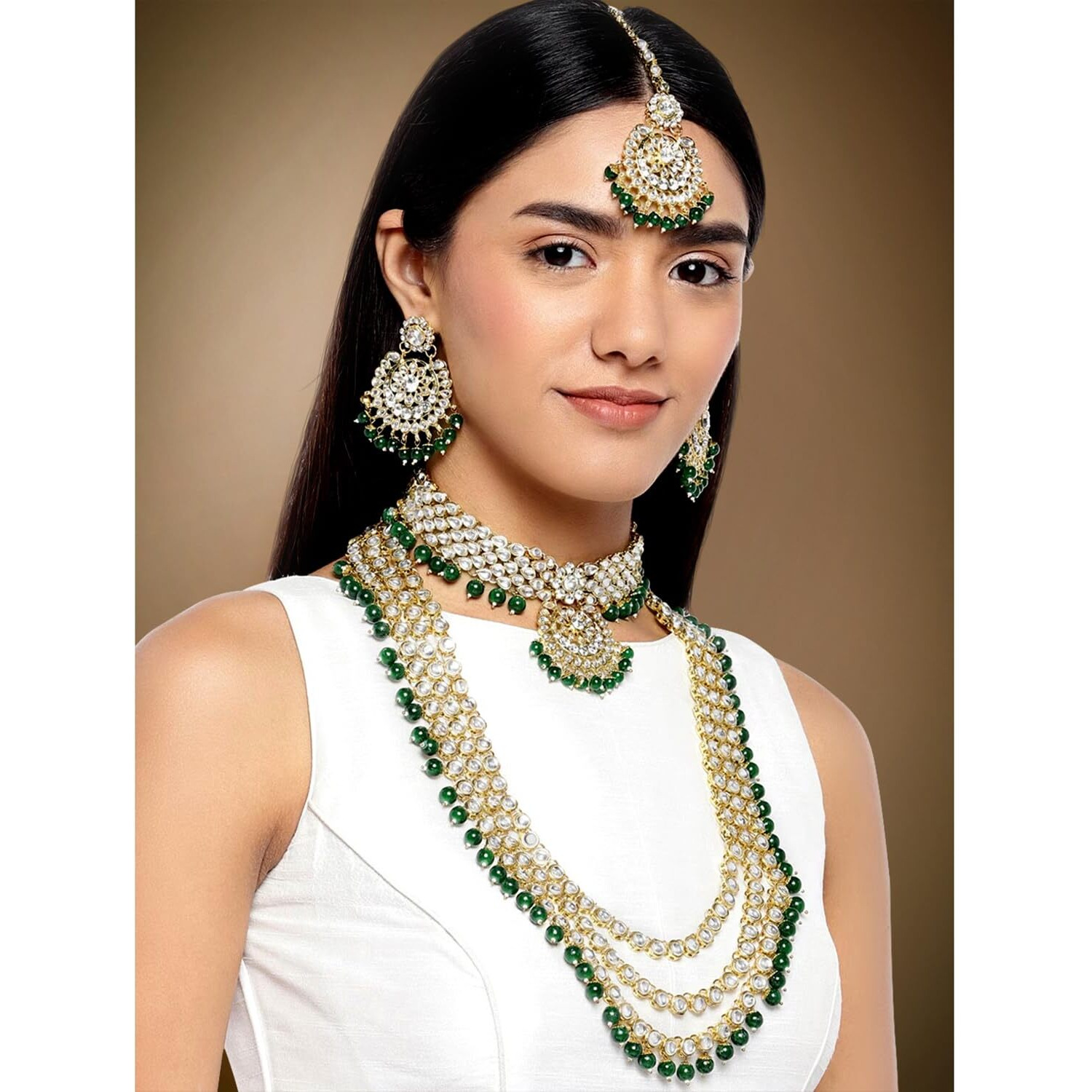 Peora Gold Plated Green Kundan Faux Bead Bridal Long Necklace Choker Earrings Maangtikka Jewellery Set for Women Girls