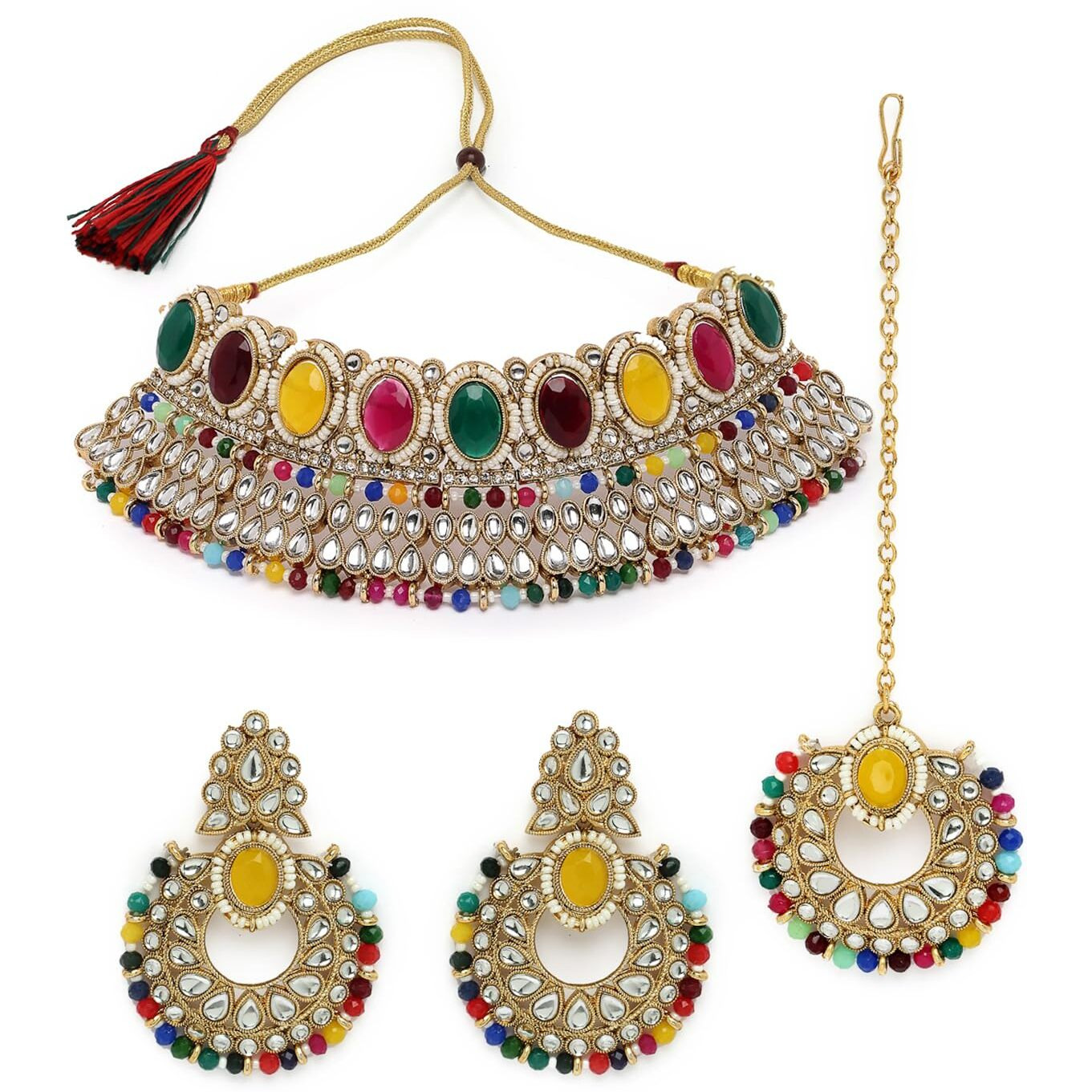Sukkhi Delightful Trendy Gold Plated Multi Kundan & Beads Choker Necklace Set With Earring And Maangtika | Jewellery Set For Women (NS105575)