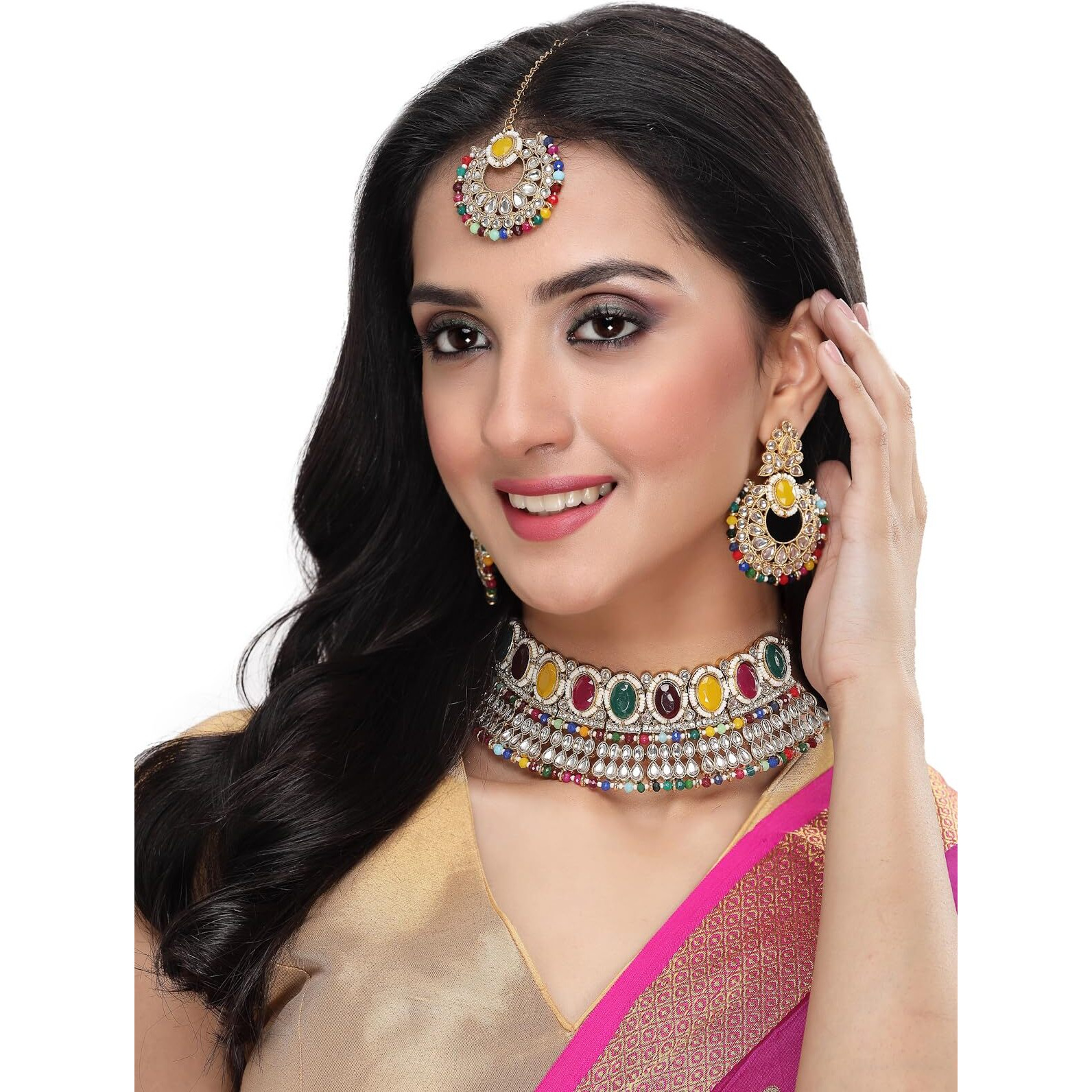 Sukkhi Delightful Trendy Gold Plated Multi Kundan & Beads Choker Necklace Set With Earring And Maangtika | Jewellery Set For Women (NS105575)