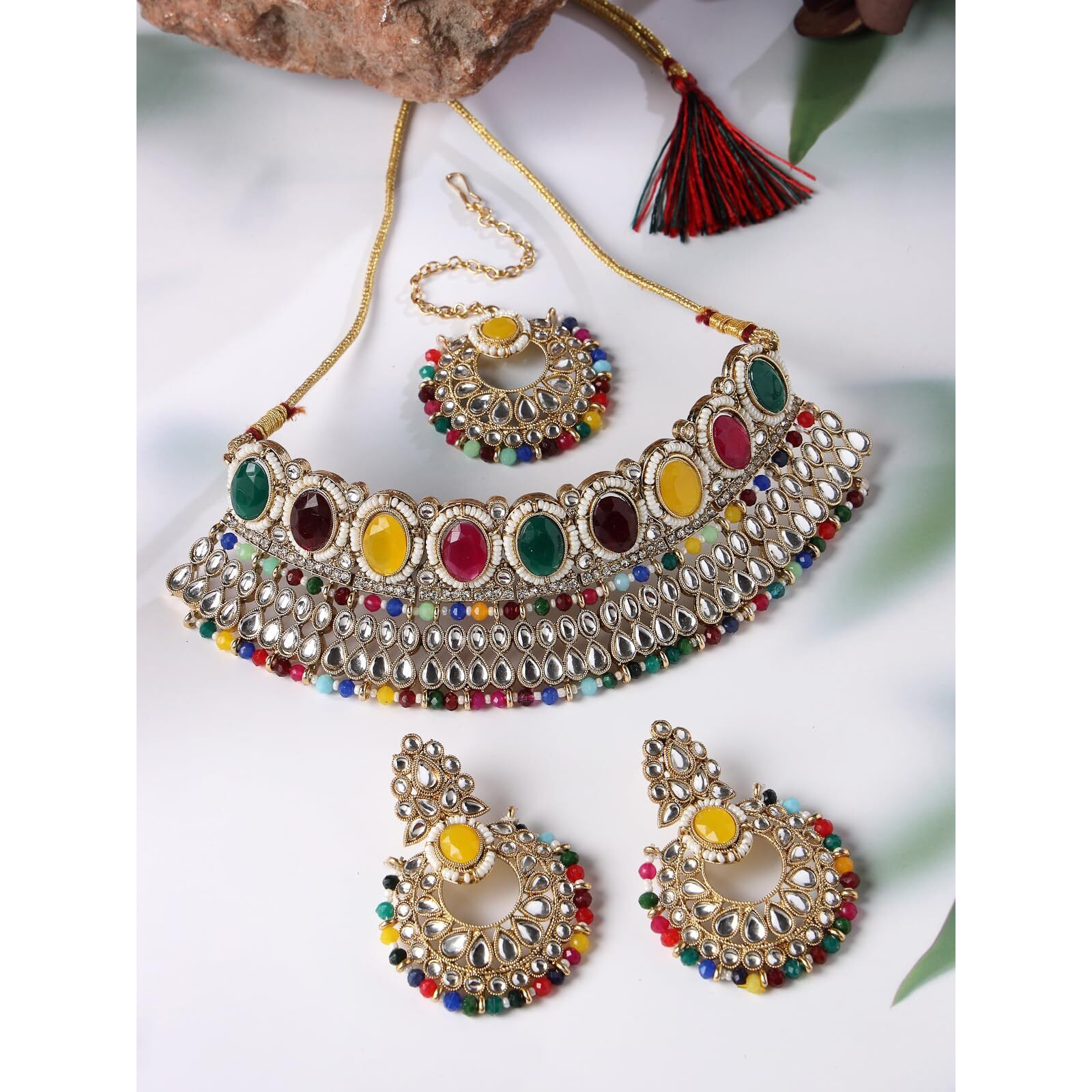 Sukkhi Delightful Trendy Gold Plated Multi Kundan & Beads Choker Necklace Set With Earring And Maangtika | Jewellery Set For Women (NS105575)