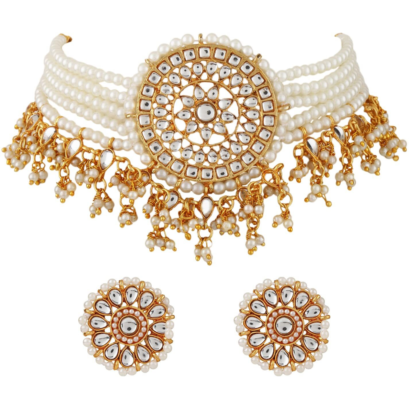 Shining Diva Fashion Latest Stylish Choker Traditional Pearl Kundan Necklace Jewellery Set for Women (White)(12802s), One