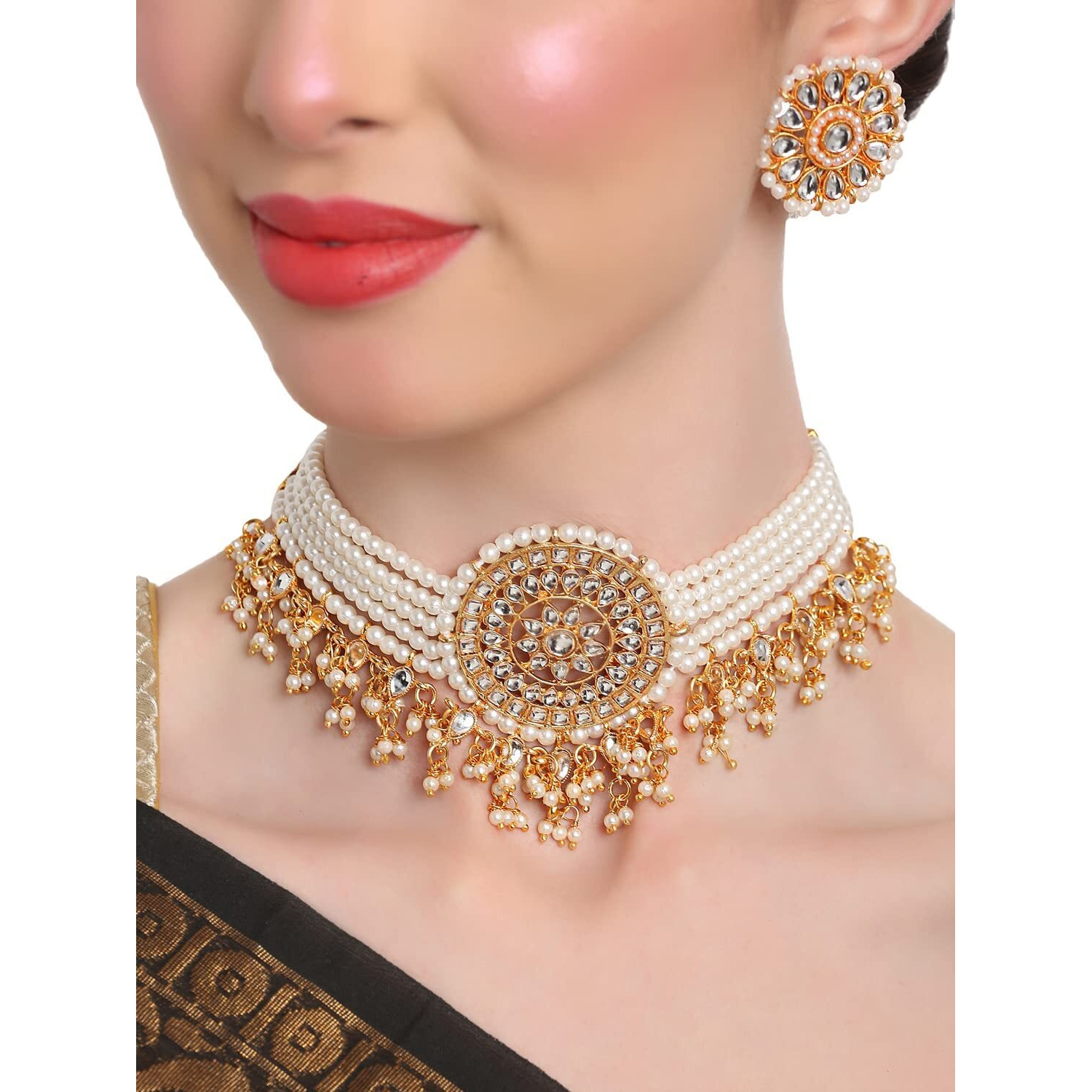 Shining Diva Fashion Latest Stylish Choker Traditional Pearl Kundan Necklace Jewellery Set for Women (White)(12802s), One