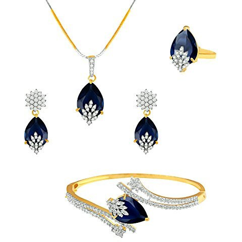 YouBella Signature Collection American Diamond Combo of Pendant Set/Necklace Set with Earrings, Bracelet and Ring for Girls and Women (Blue)