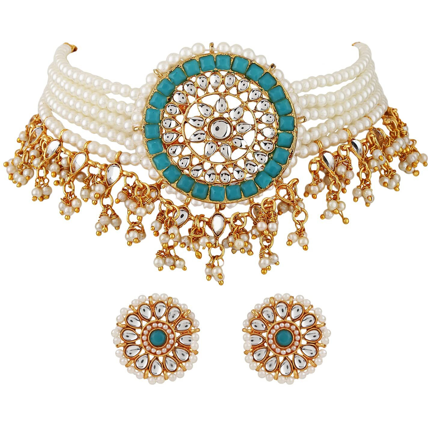 Shining Diva Fashion Latest Stylish Choker Traditional Pearl Kundan Necklace Jewellery Set for Women (Blue)(12817s), One