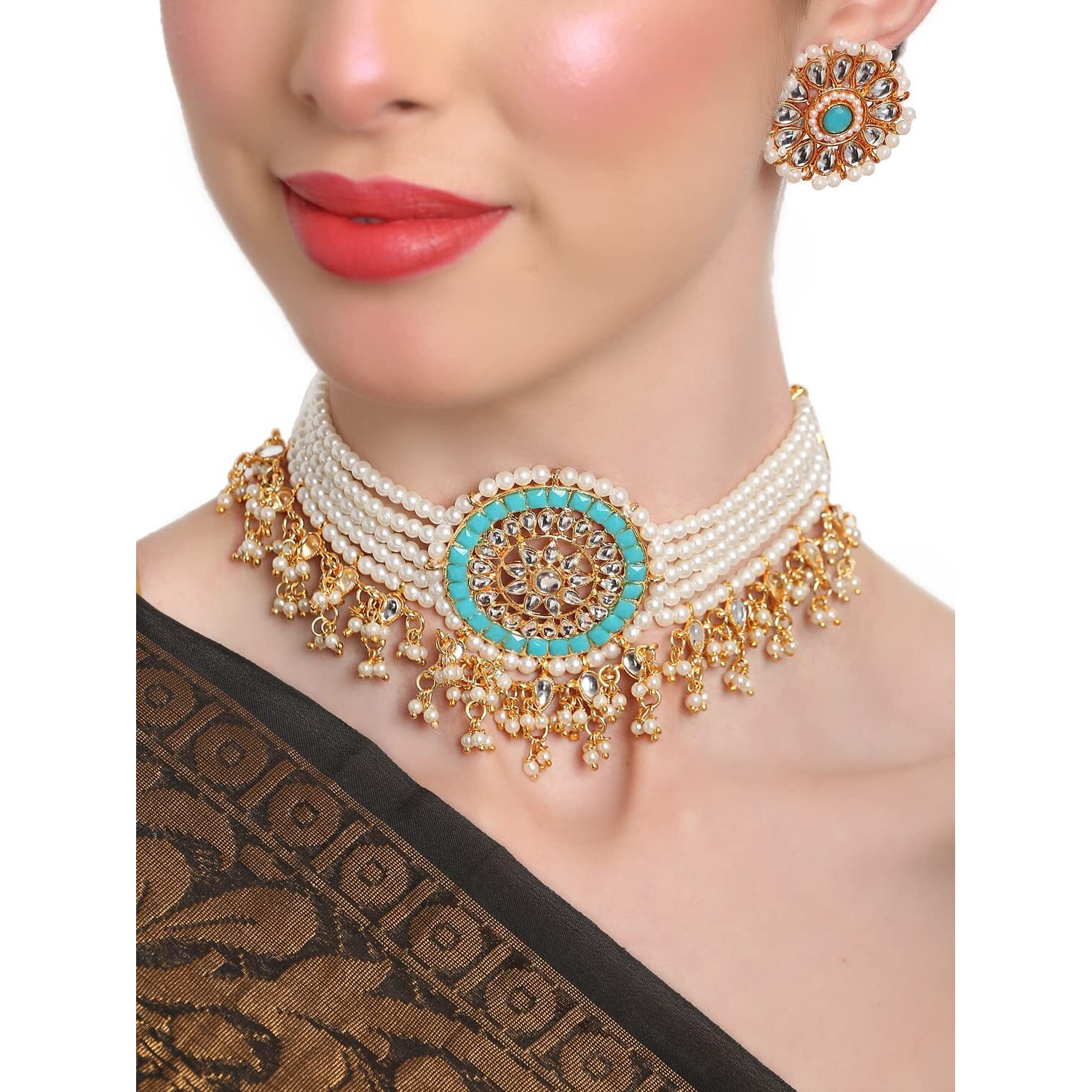 Shining Diva Fashion Latest Stylish Choker Traditional Pearl Kundan Necklace Jewellery Set for Women (Blue)(12817s), One