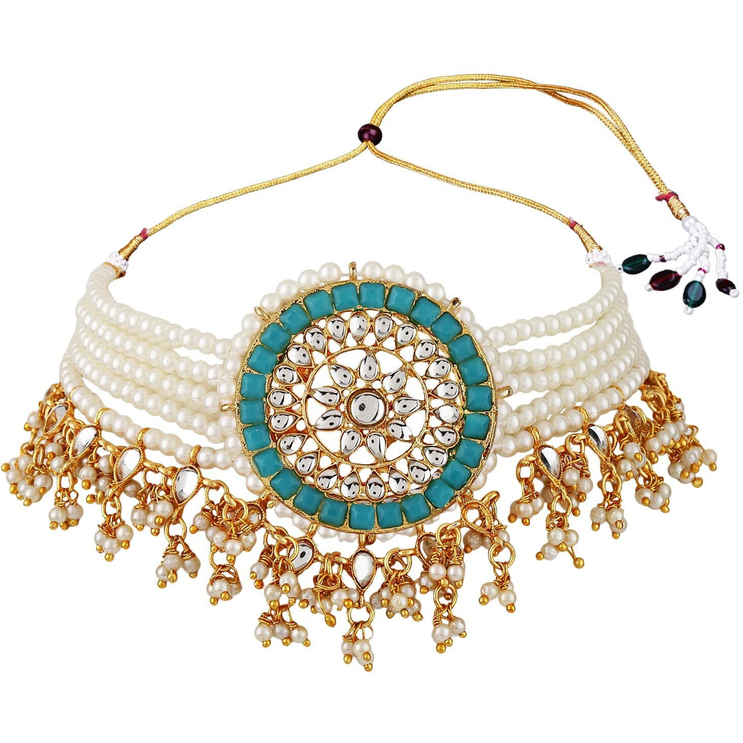 Shining Diva Fashion Latest Stylish Choker Traditional Pearl Kundan Necklace Jewellery Set for Women (Blue)(12817s), One