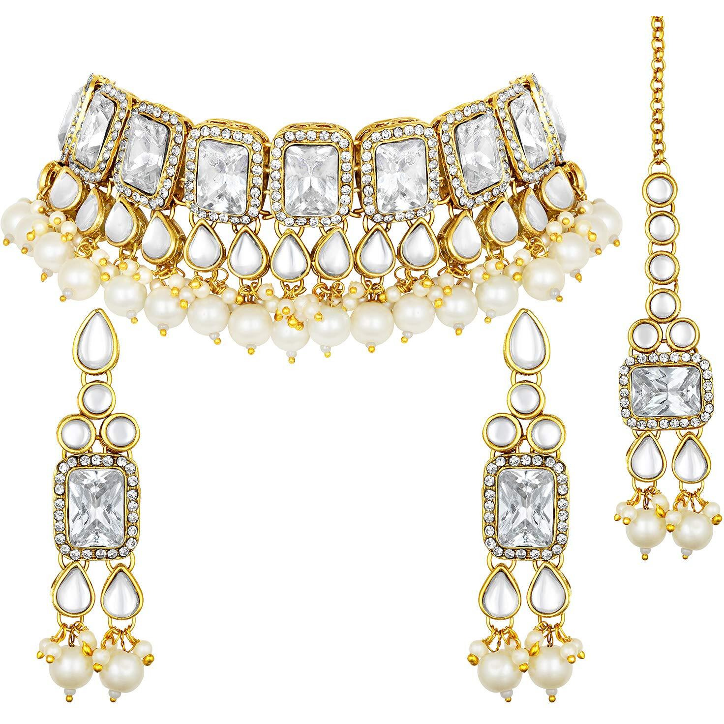 Peora Gold Plated Traditional Kundan Choker Necklace Jewellery Set with Earring Maang Tikka for Women Girls (White)