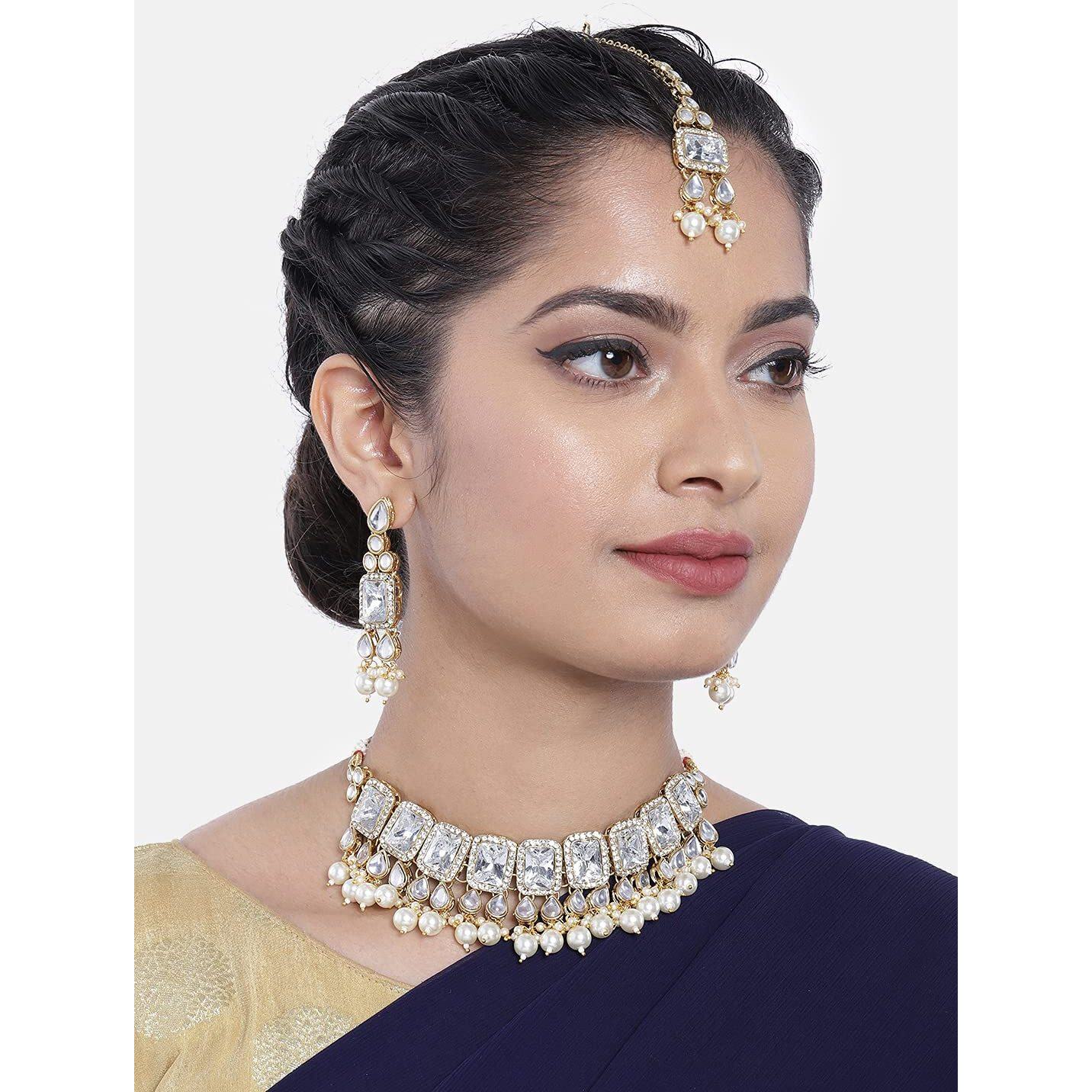Peora Gold Plated Traditional Kundan Choker Necklace Jewellery Set with Earring Maang Tikka for Women Girls (White)