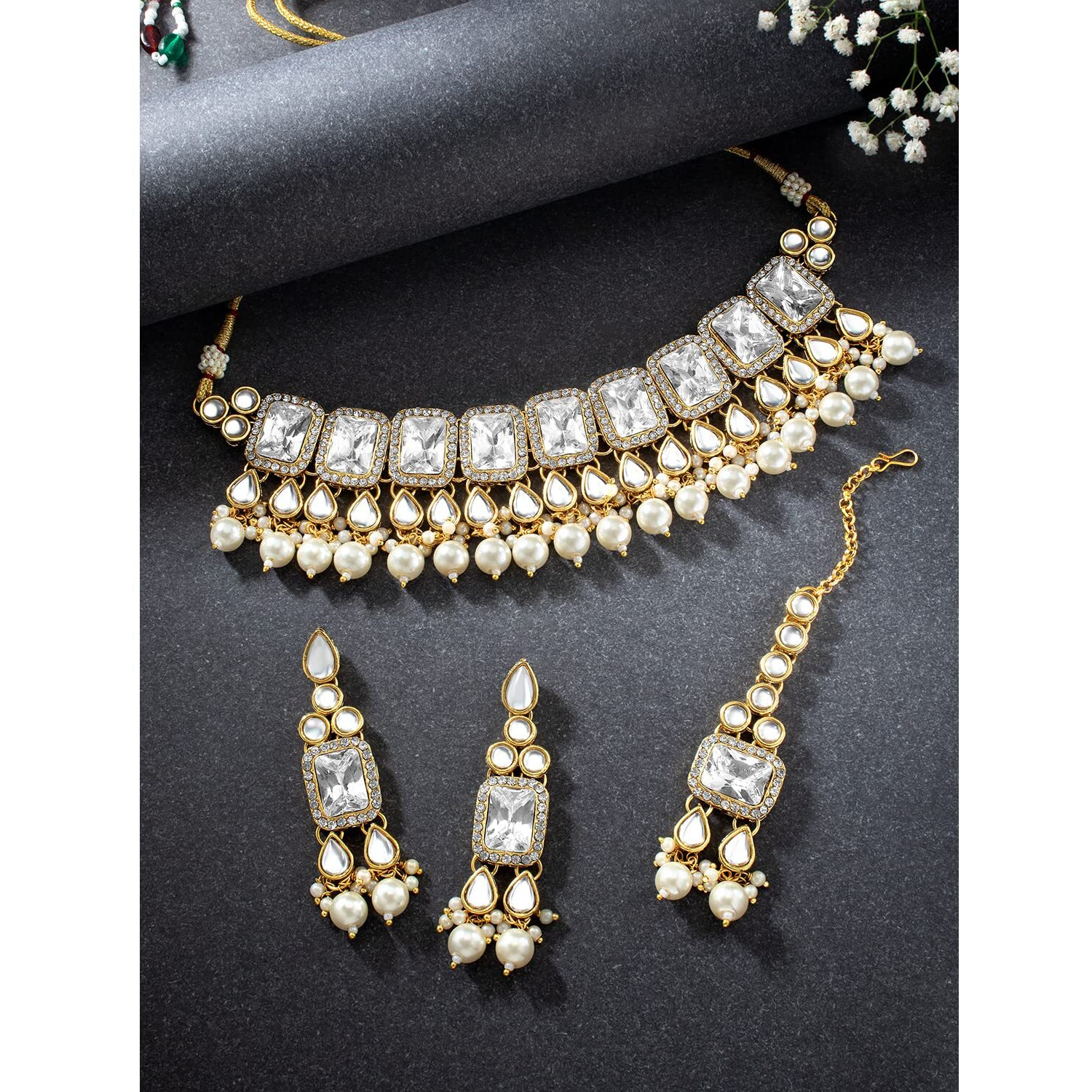Peora Gold Plated Traditional Kundan Choker Necklace Jewellery Set with Earring Maang Tikka for Women Girls (White)