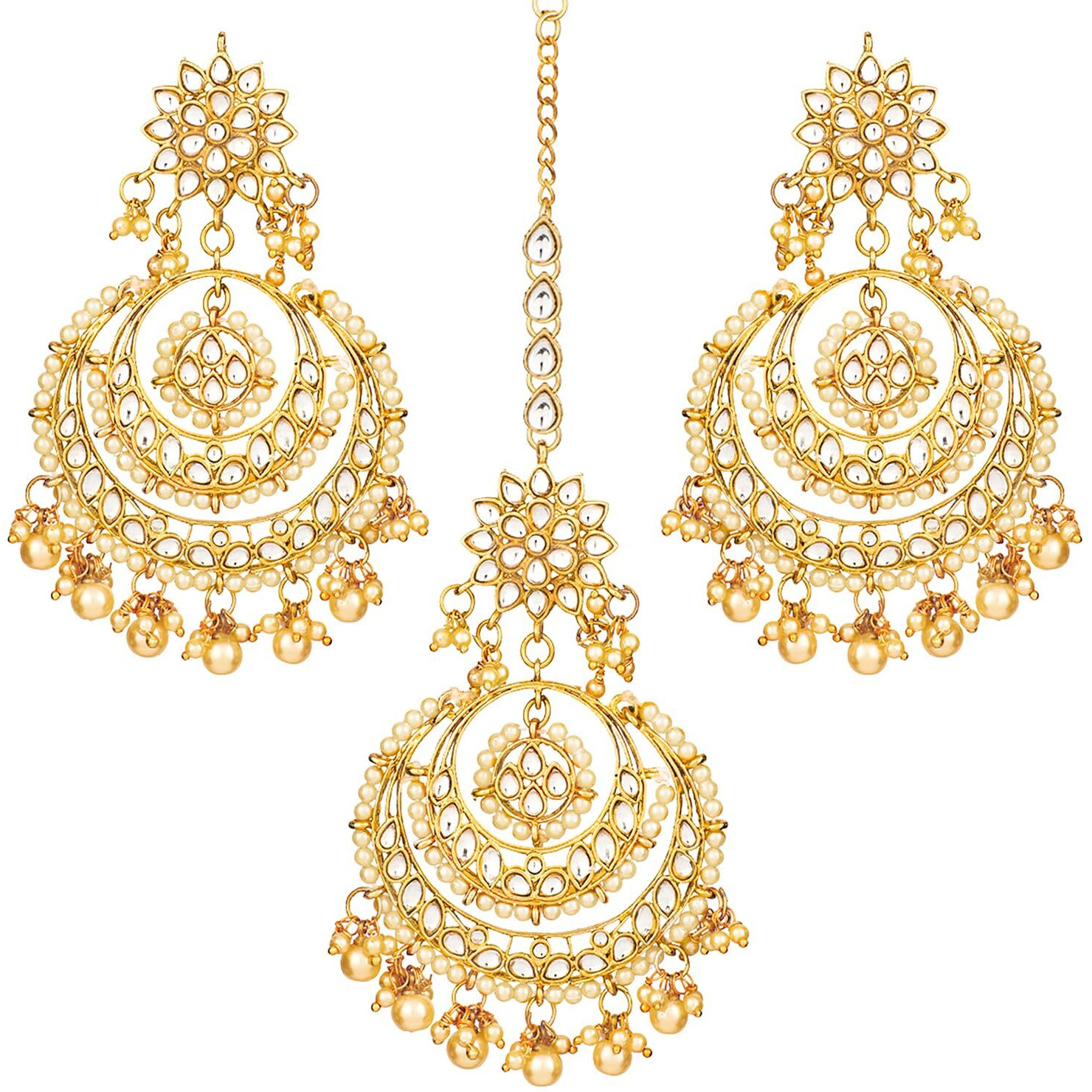 Peora Traditional Jewellery 18K Gold Plated Brass Kundan and Pearl Maang Tikka Earring Set for Women (Champagne)