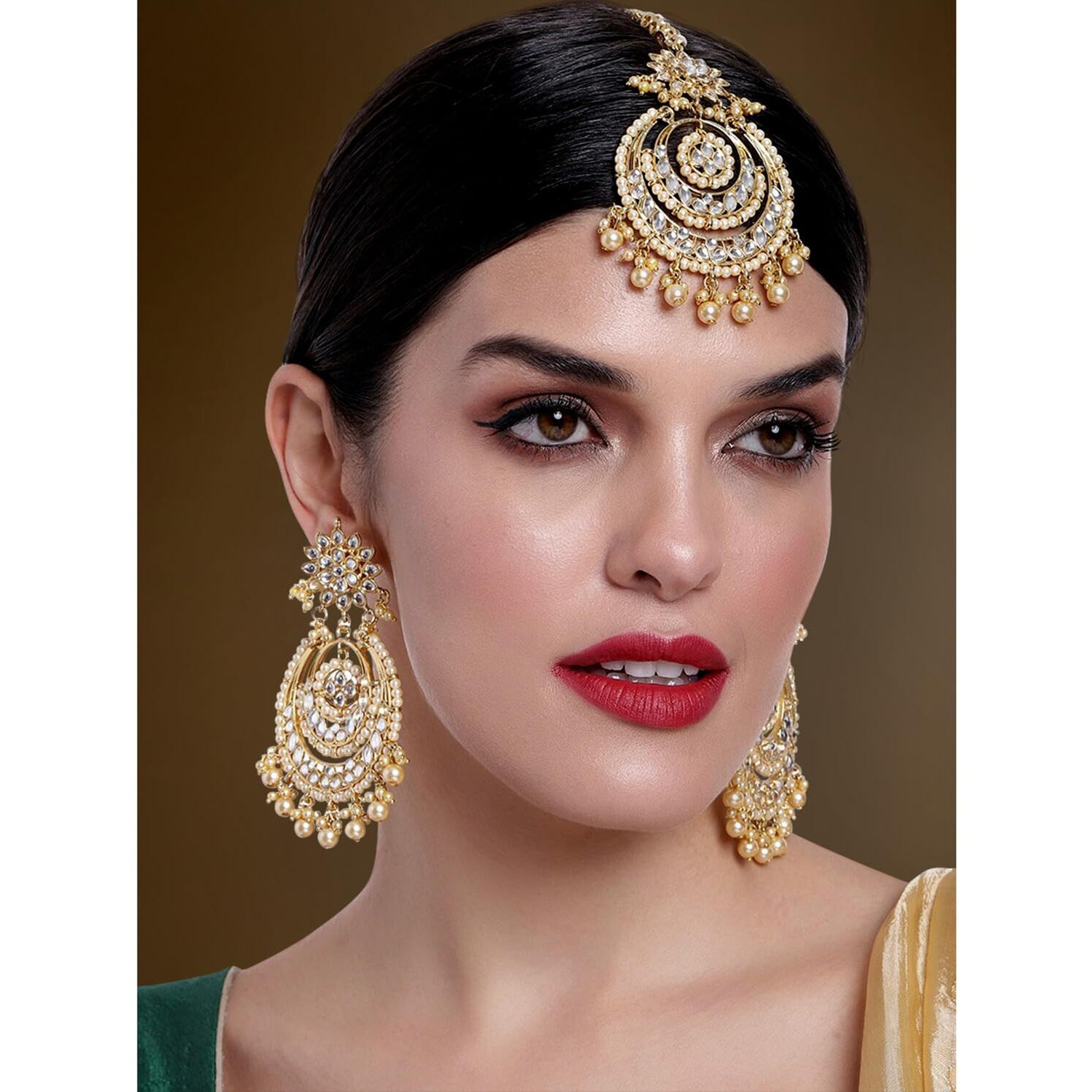 Peora Traditional Jewellery 18K Gold Plated Brass Kundan and Pearl Maang Tikka Earring Set for Women (Champagne)