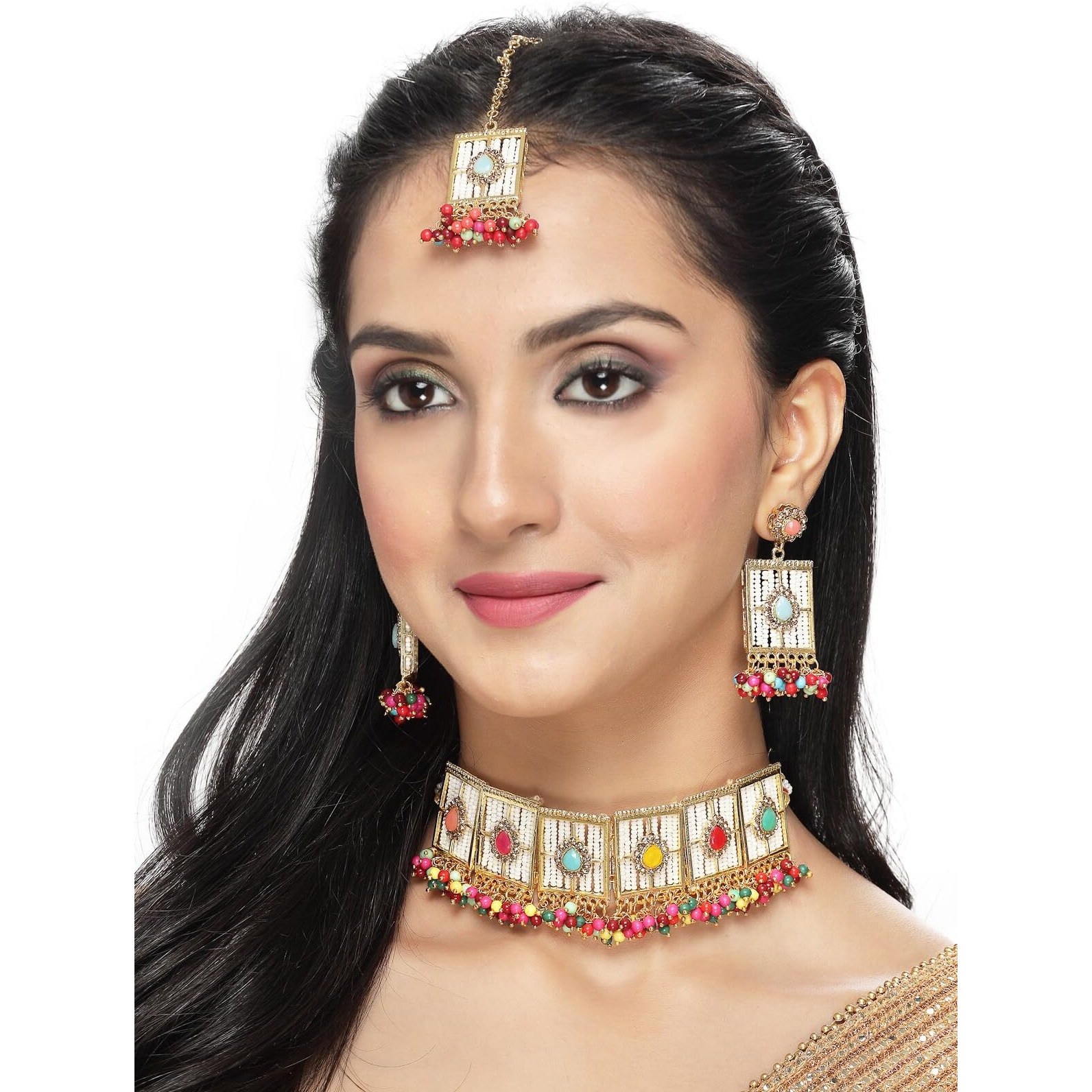 Sukkhi Beautiful Squared Shaped Multi Beads With Gold Plated Choker Necklace Set With Earring And Maangtika | Jewellery Set For Women (NS105542)
