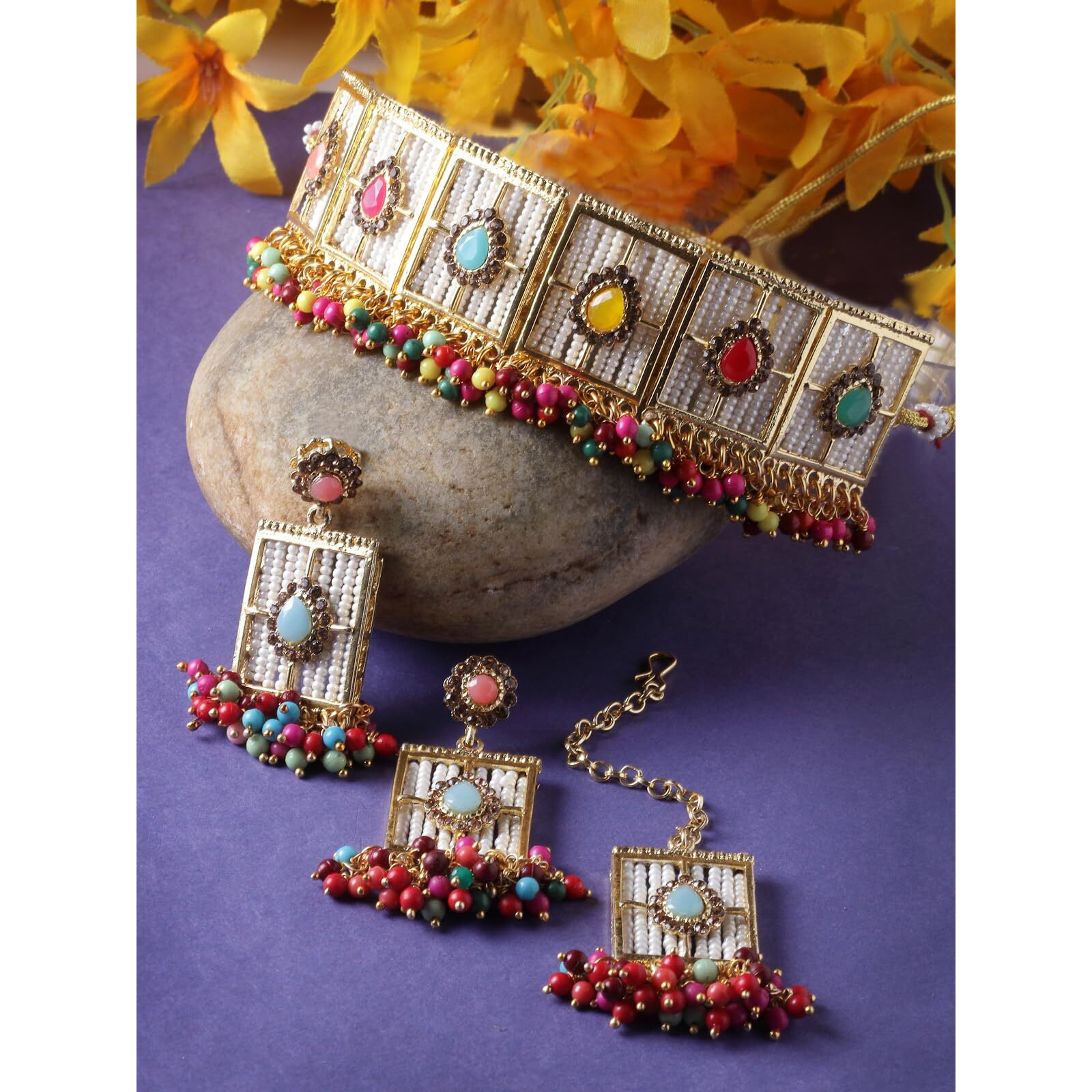 Sukkhi Beautiful Squared Shaped Multi Beads With Gold Plated Choker Necklace Set With Earring And Maangtika | Jewellery Set For Women (NS105542)