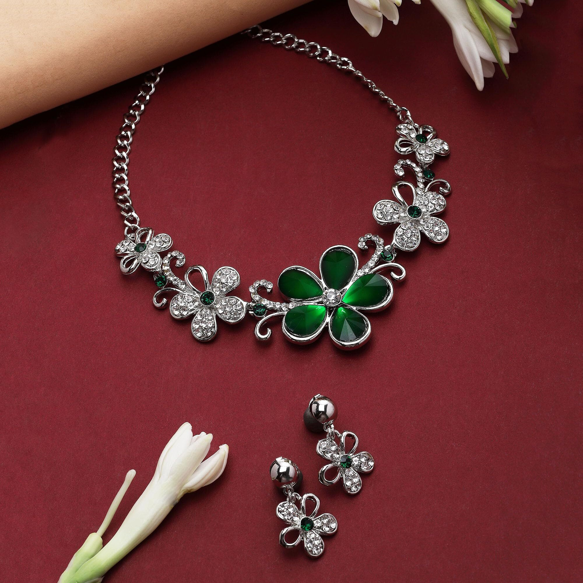 ZENEME Rhodium-Plated American Diamonds Studded Floweret Necklace With Earrings Jewellery Set For Girls and Women (Green)