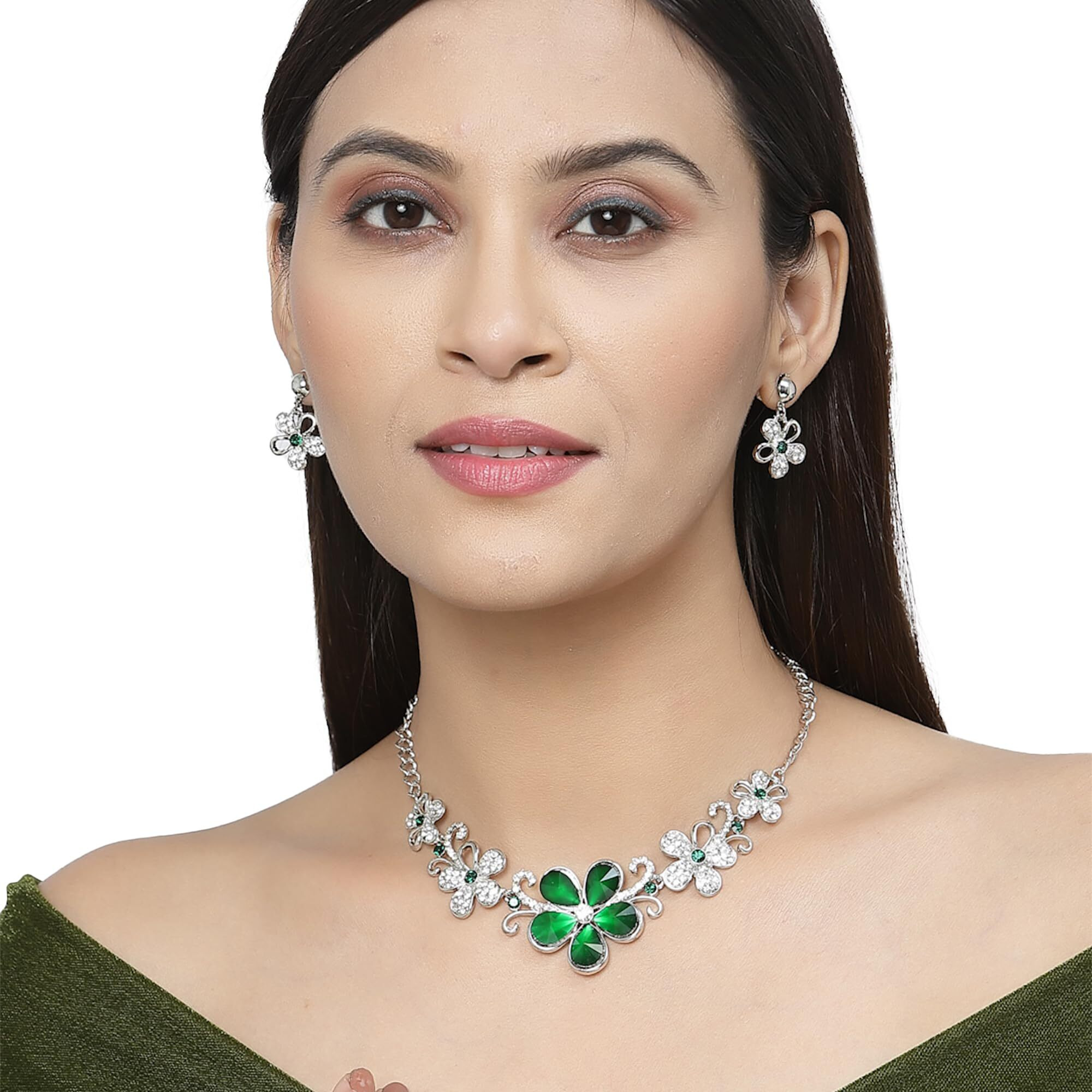 ZENEME Rhodium-Plated American Diamonds Studded Floweret Necklace With Earrings Jewellery Set For Girls and Women (Green)