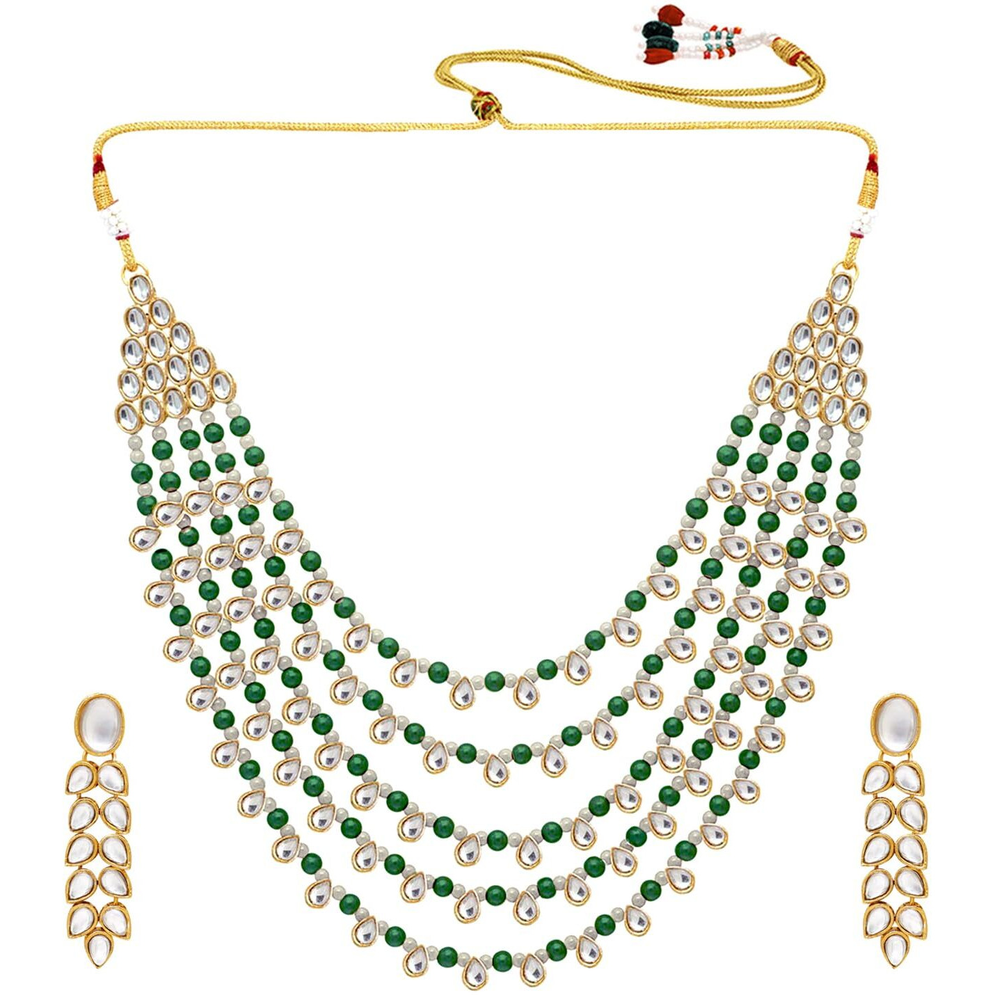 Peora Gold Plated Green White Pearl Kundan Layered Necklace Drop Earring Jewellery Set For Women