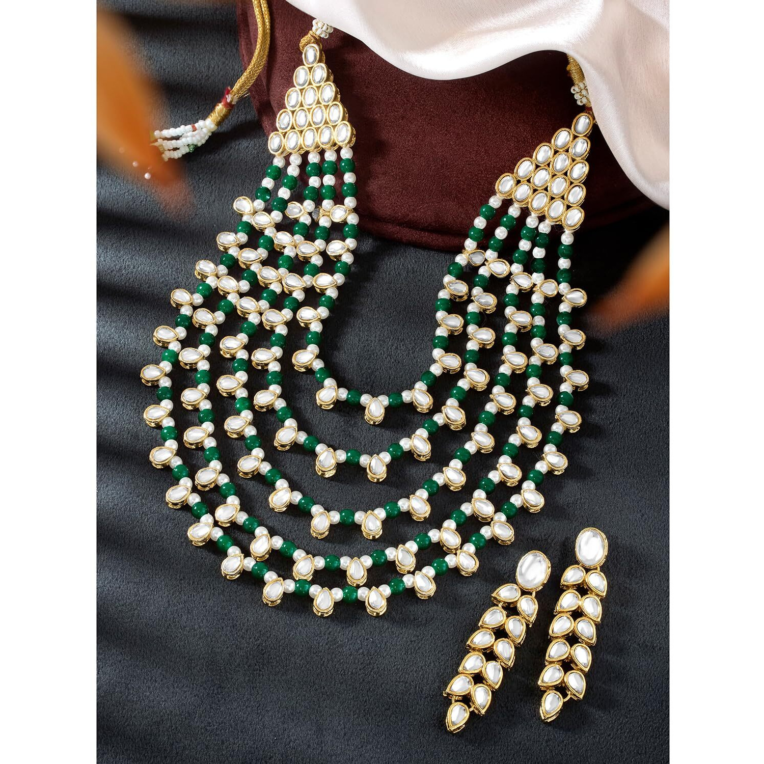 Peora Gold Plated Green White Pearl Kundan Layered Necklace Drop Earring Jewellery Set For Women
