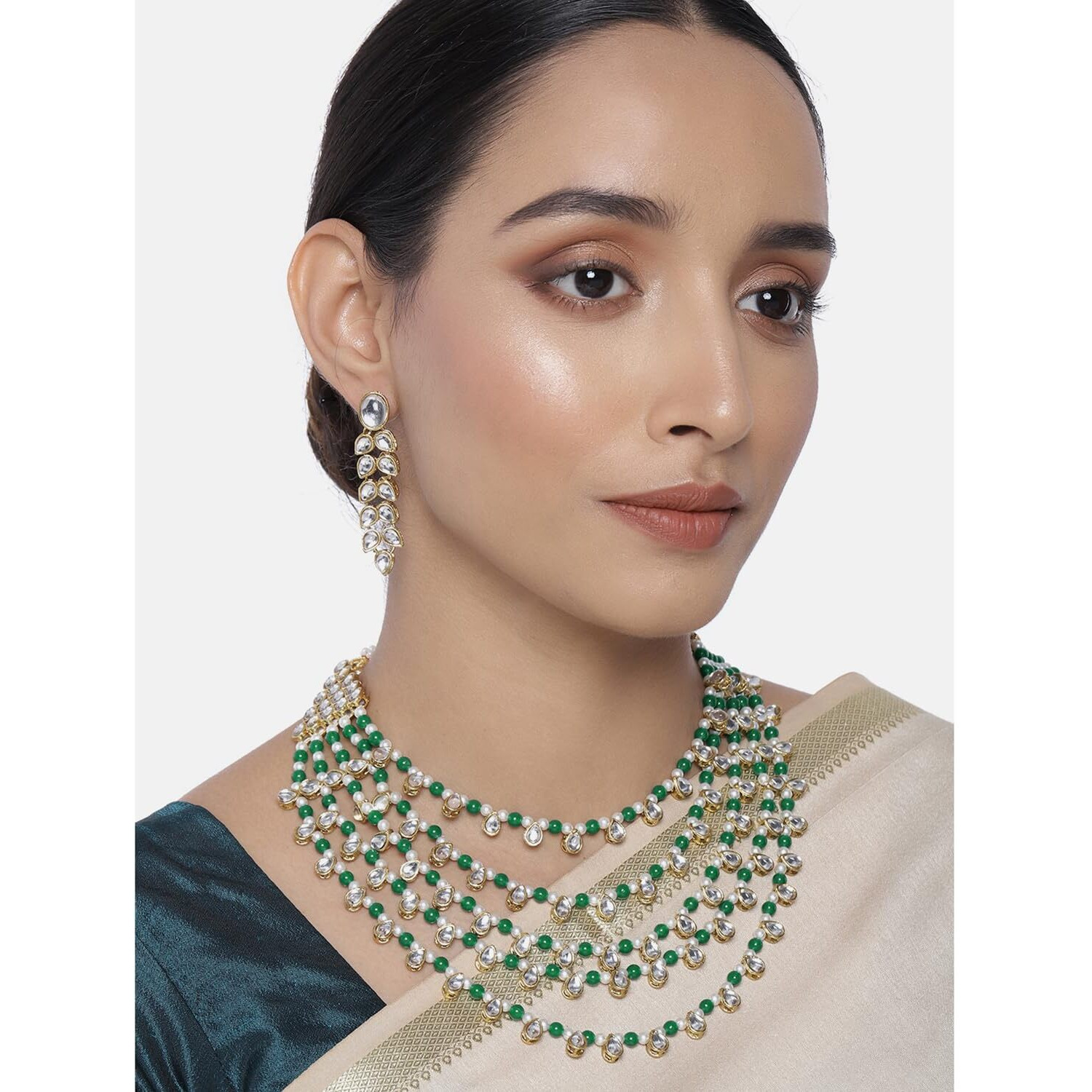 Peora Gold Plated Green White Pearl Kundan Layered Necklace Drop Earring Jewellery Set For Women