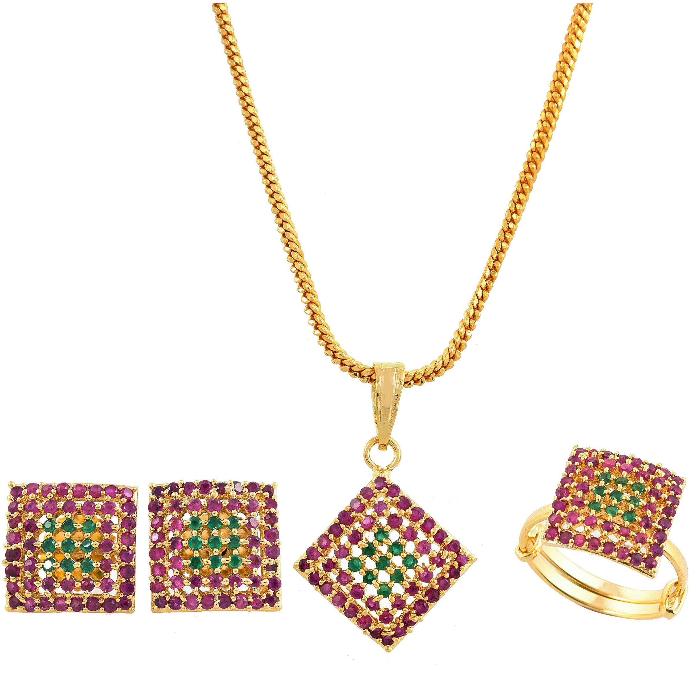 Handicraft Kottage Stone Jewellery Set Necklace With Ring & Earring Imitation Gold Plated Set for Women & Girls