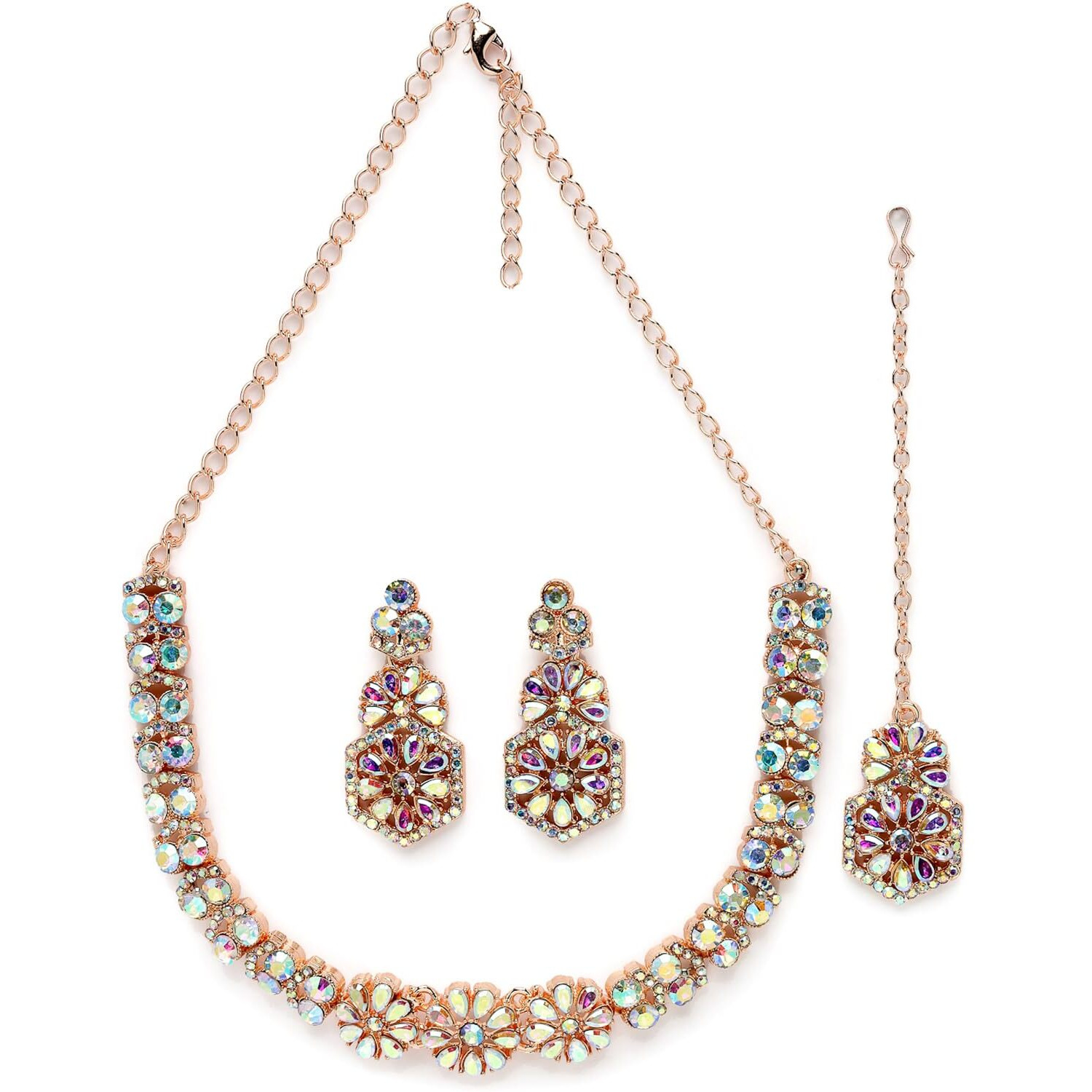 Sukkhi Fusion Rose Gold Plated Rose Rainbow Stone Collar Bone Necklace Set With Earring And Maangtika | Jewellery Set For Women (NS105601)