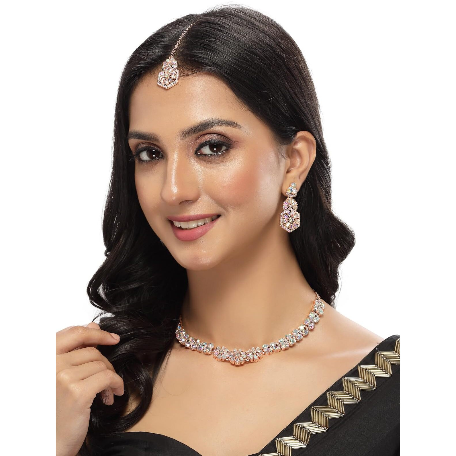 Sukkhi Fusion Rose Gold Plated Rose Rainbow Stone Collar Bone Necklace Set With Earring And Maangtika | Jewellery Set For Women (NS105601)