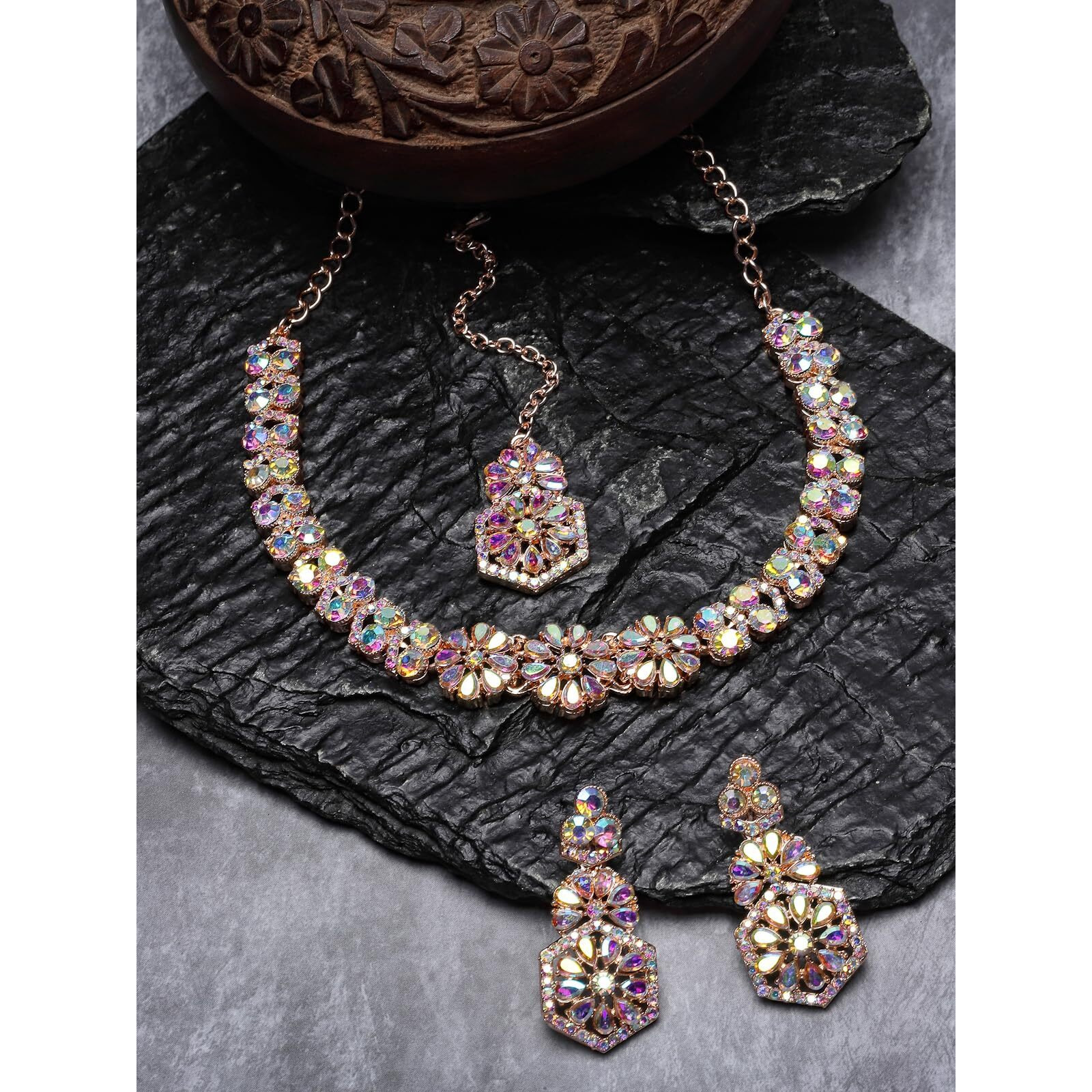 Sukkhi Fusion Rose Gold Plated Rose Rainbow Stone Collar Bone Necklace Set With Earring And Maangtika | Jewellery Set For Women (NS105601)