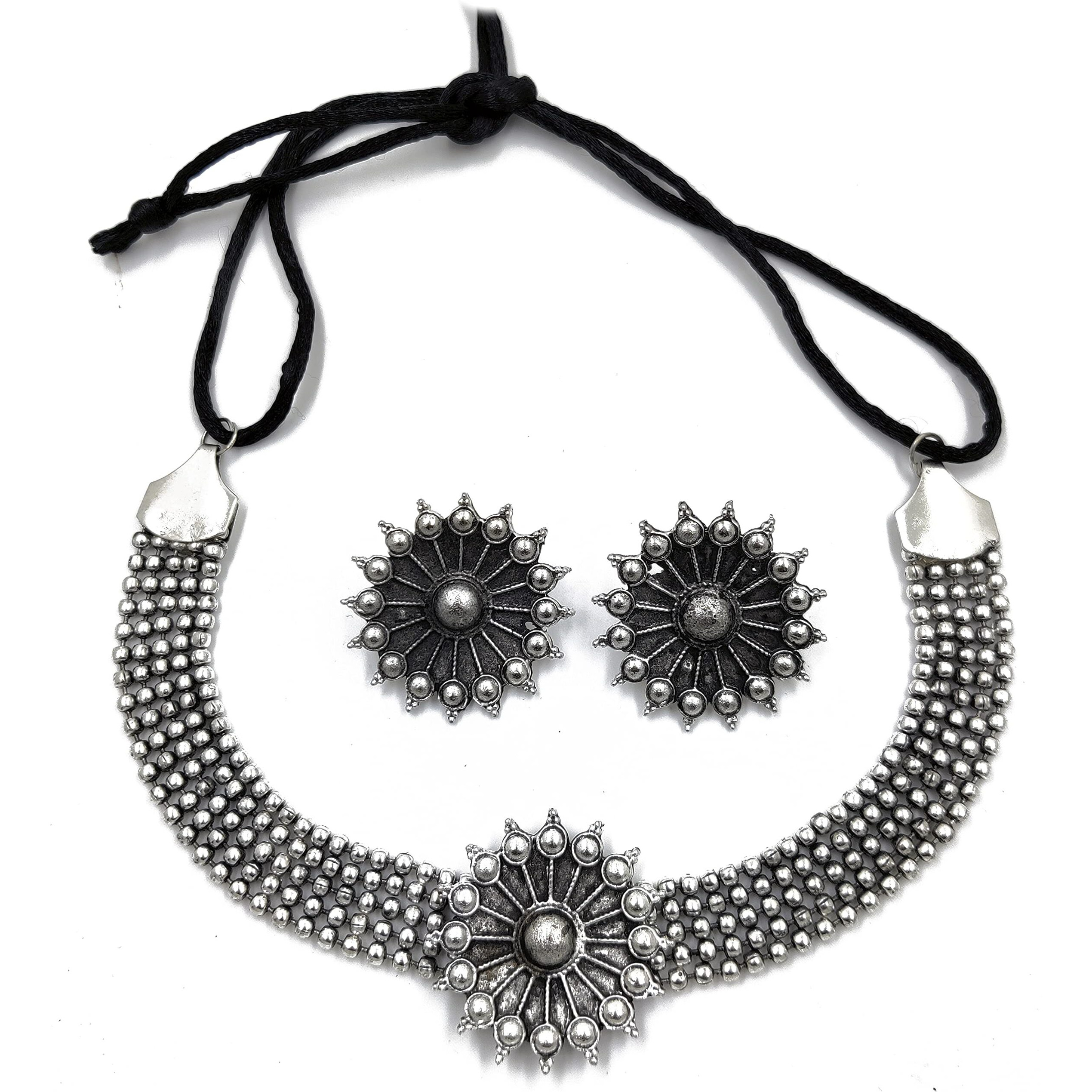 LACUM Faishon Jewellery Oxidised German Silver Traditional Chocker Necklace Pendant Set with and Without Earring for Women & Girls Silver & Golden (LAC149NOS07) (BIG_DOTS)