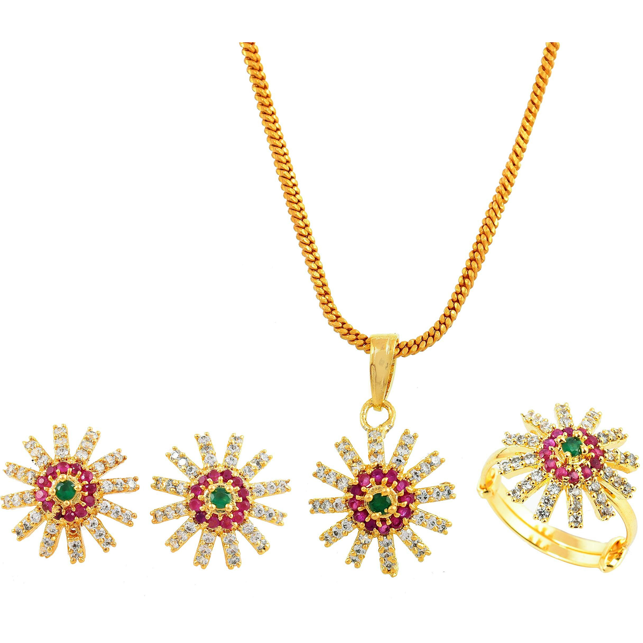 Handicraft Kottage Ravishing American Diamond Pendant, Earring, Ring Set Fashion Jewellery for Women/Girl - Chakra Design (White Red)