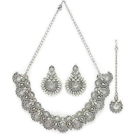 Sukkhi Classic Style Rhodium Plated Silver AD White Stones Collar Bone Necklace Set With Earring And Maangtika | Jewellery Set For Women (NS105645)