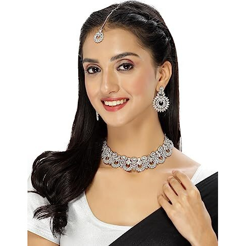 Sukkhi Classic Style Rhodium Plated Silver AD White Stones Collar Bone Necklace Set With Earring And Maangtika | Jewellery Set For Women (NS105645)