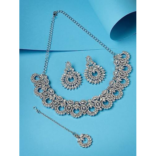 Sukkhi Classic Style Rhodium Plated Silver AD White Stones Collar Bone Necklace Set With Earring And Maangtika | Jewellery Set For Women (NS105645)